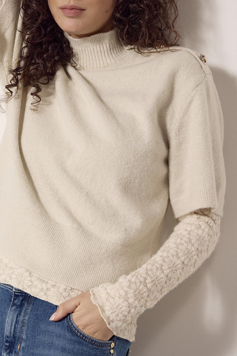 Tramontana Short Sleeve Jumper Button Stone Melange