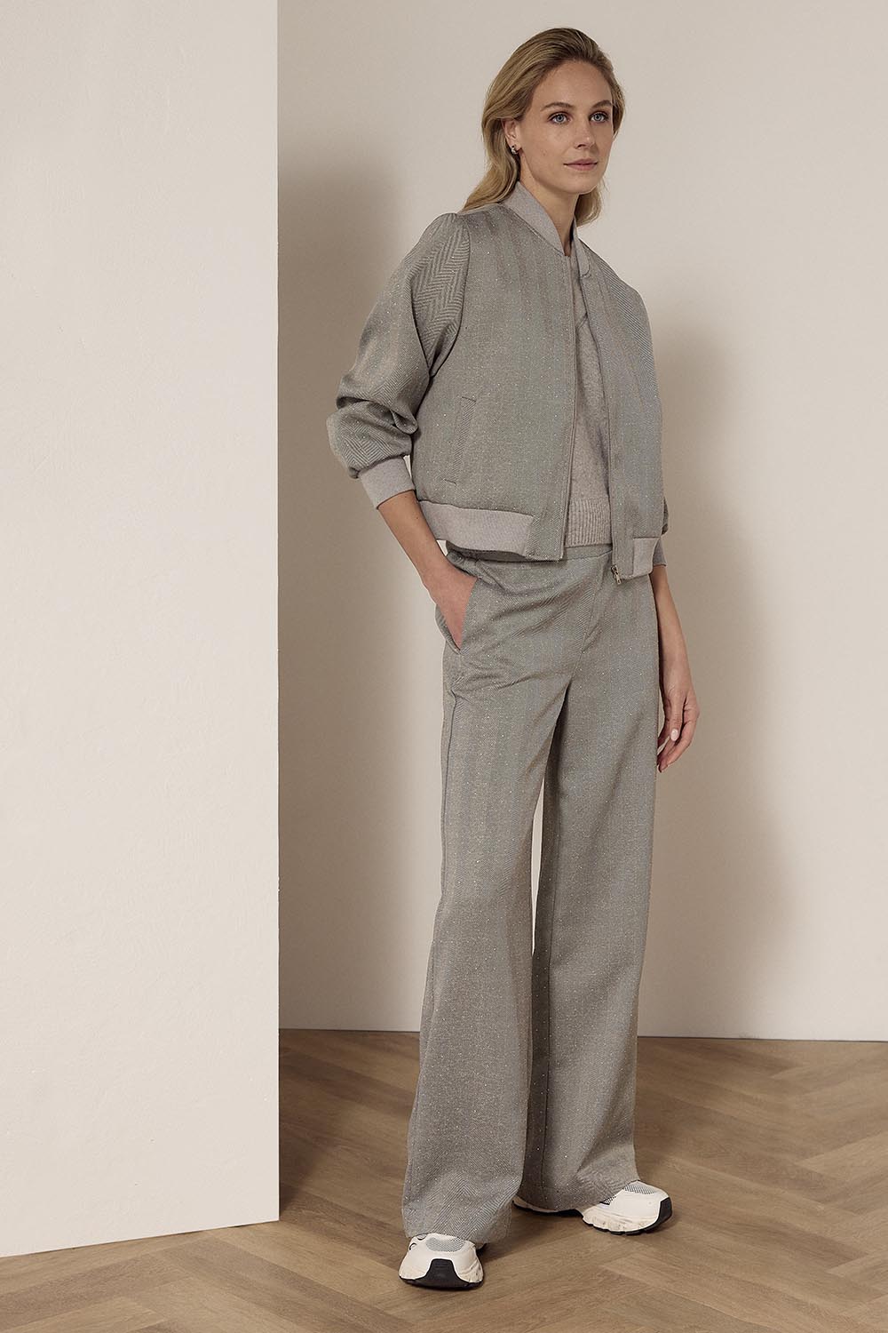Tramontana Wijde Broek Met Elegant Visgraatmotief Mid Grey Melange