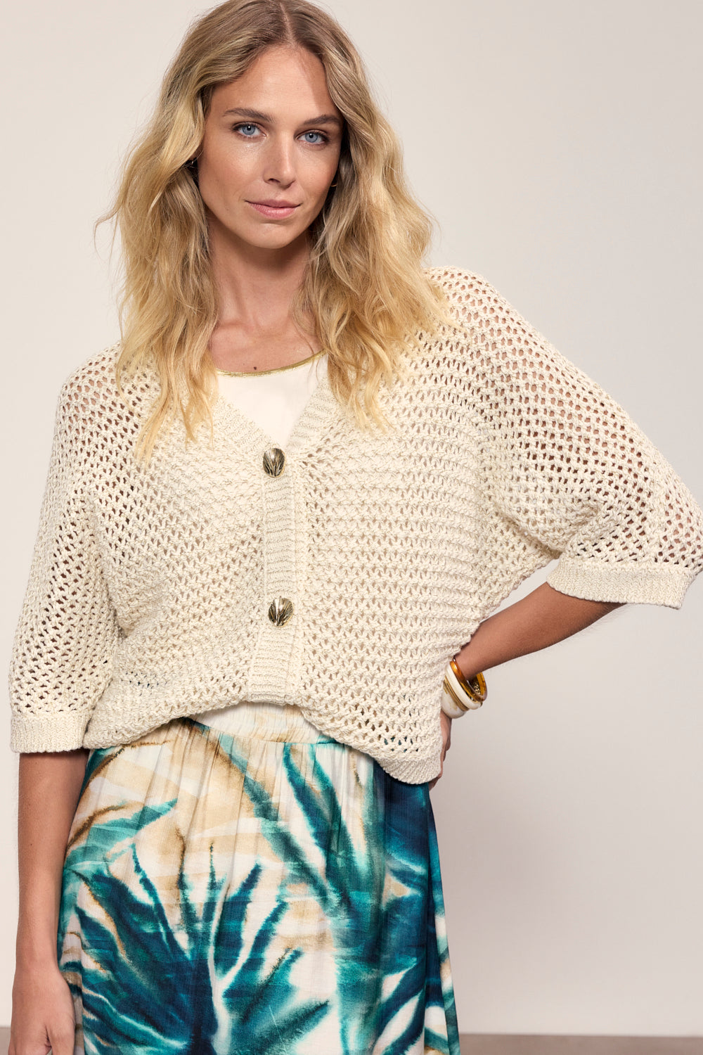 Tramontana Crochet V-Neck Cardigan Stone