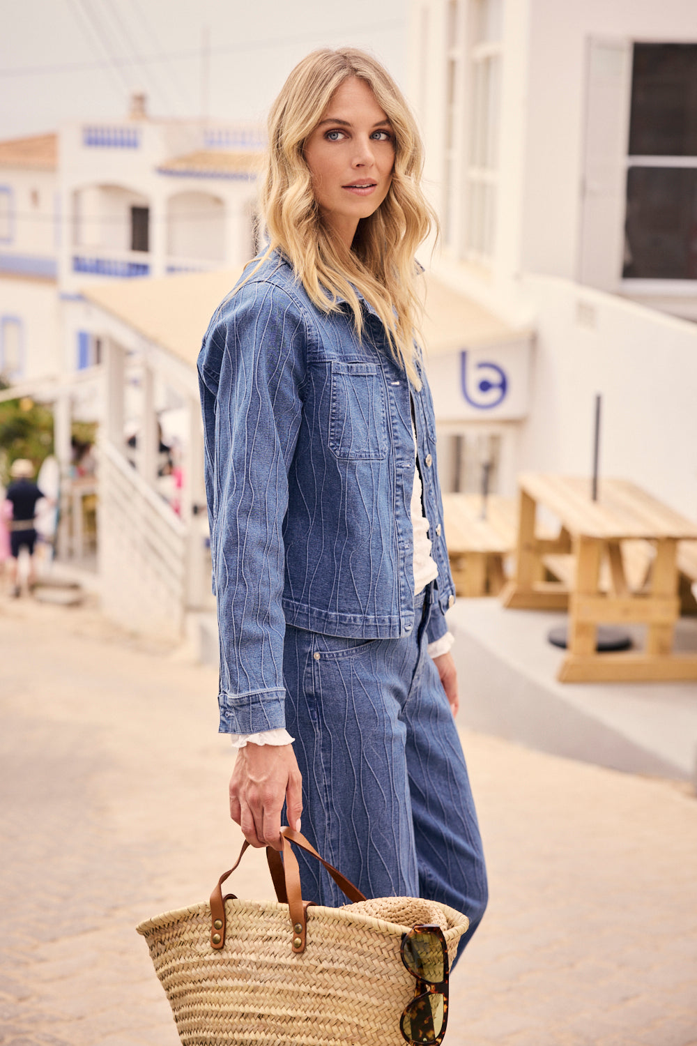 Tramontana Pintuck Pattern Denim Jacket Blue Denim