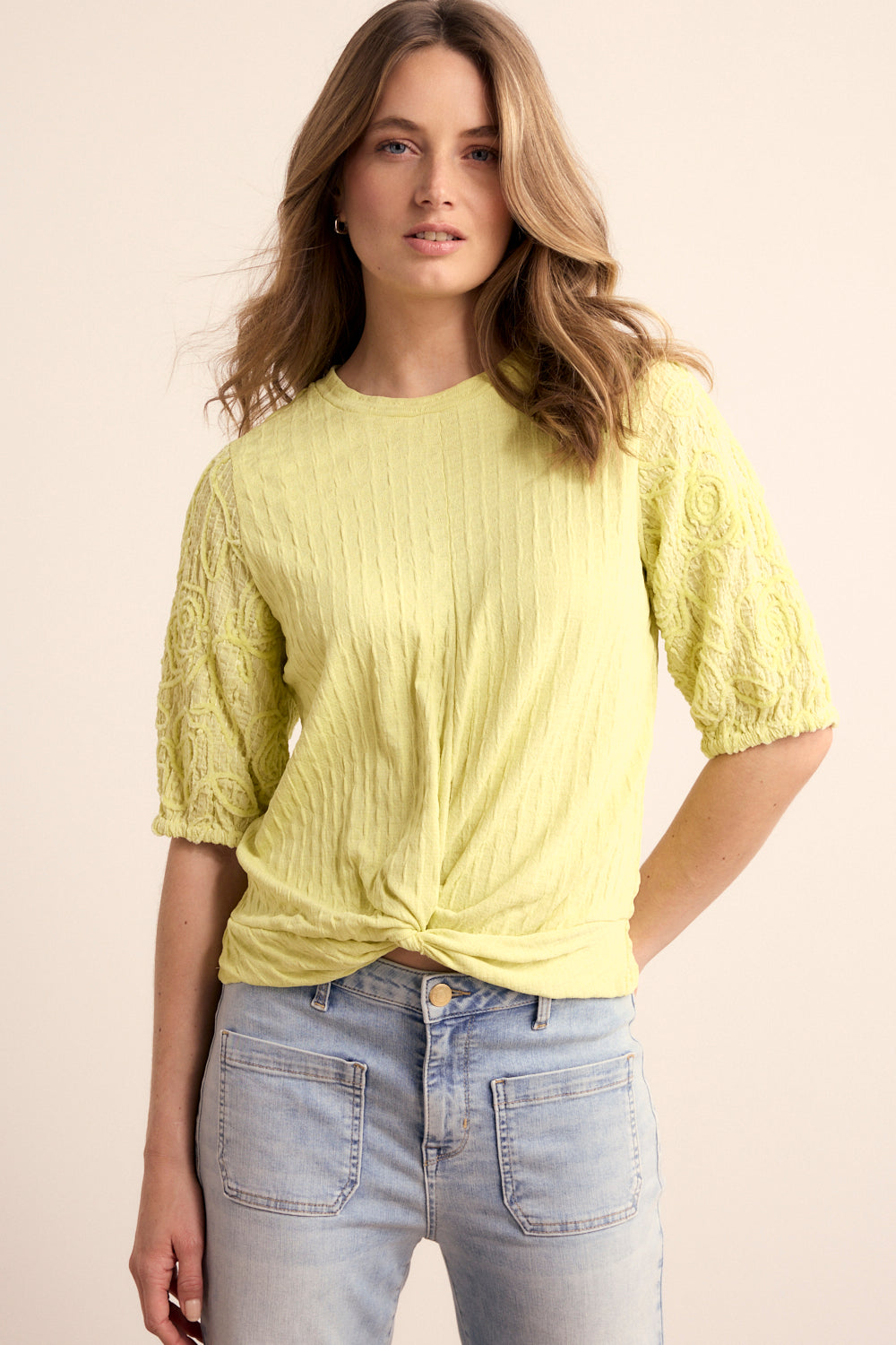 Tramontana Short-Sleeve Fabric Mix Top Celery