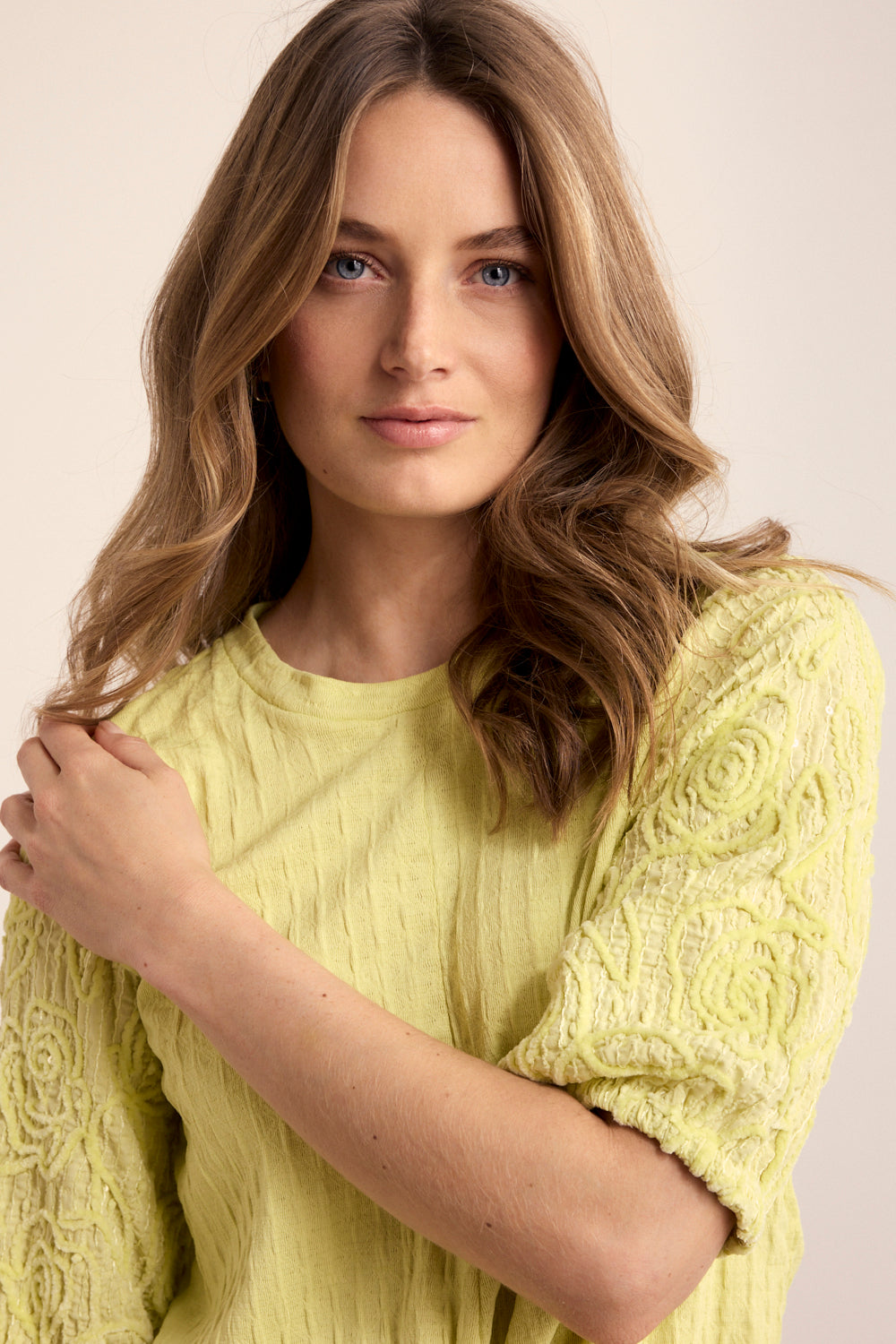 Tramontana Short-Sleeve Fabric Mix Top Celery