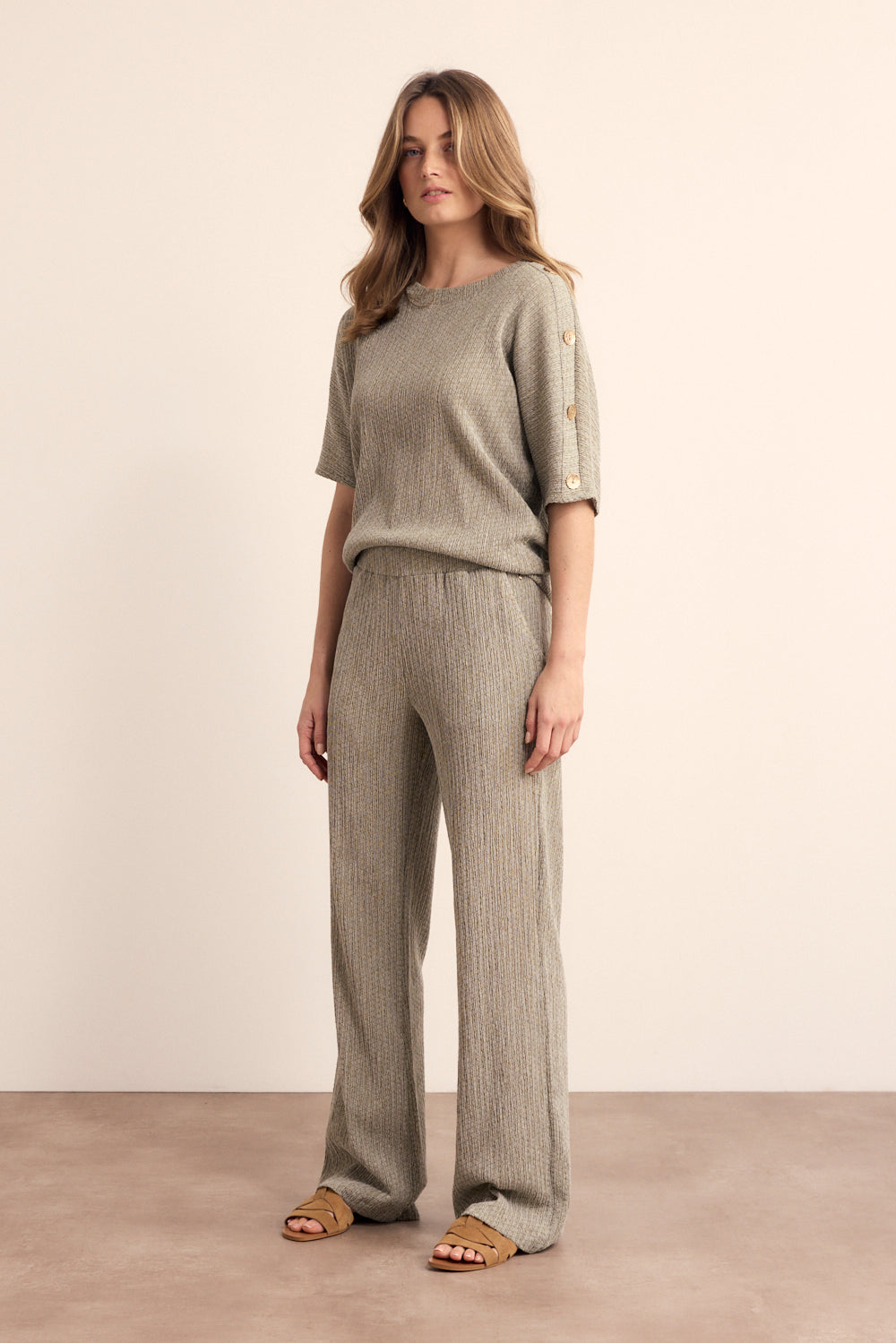 Tramontana Crinkled Wide-Leg Trousers Aloe Melange