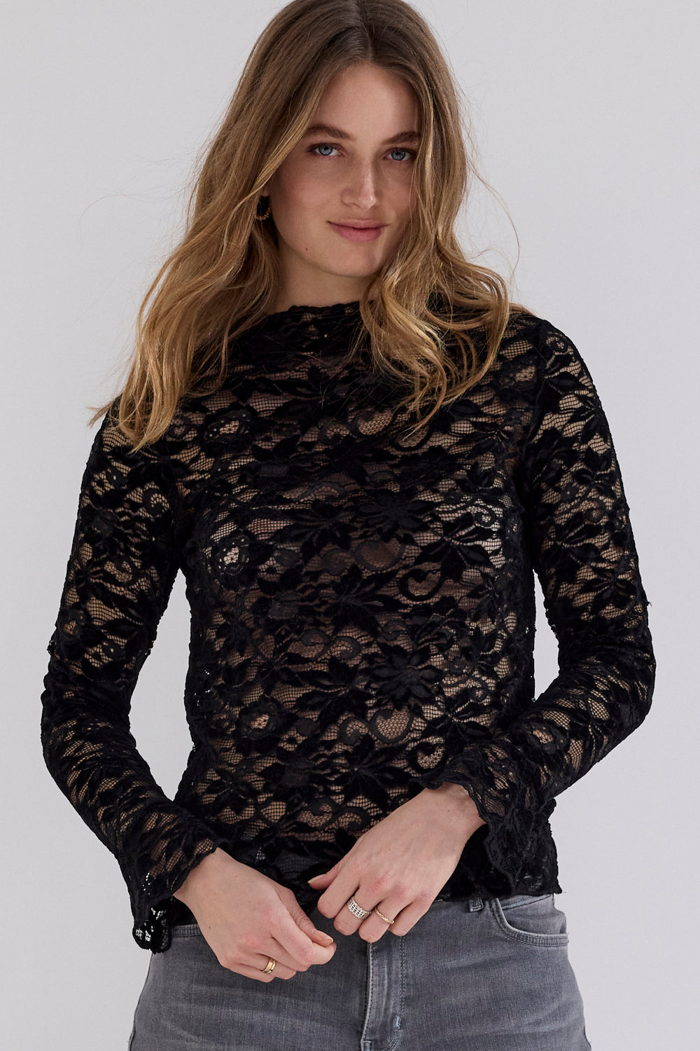 Tramontana Velvet Stretch Lace Top Black