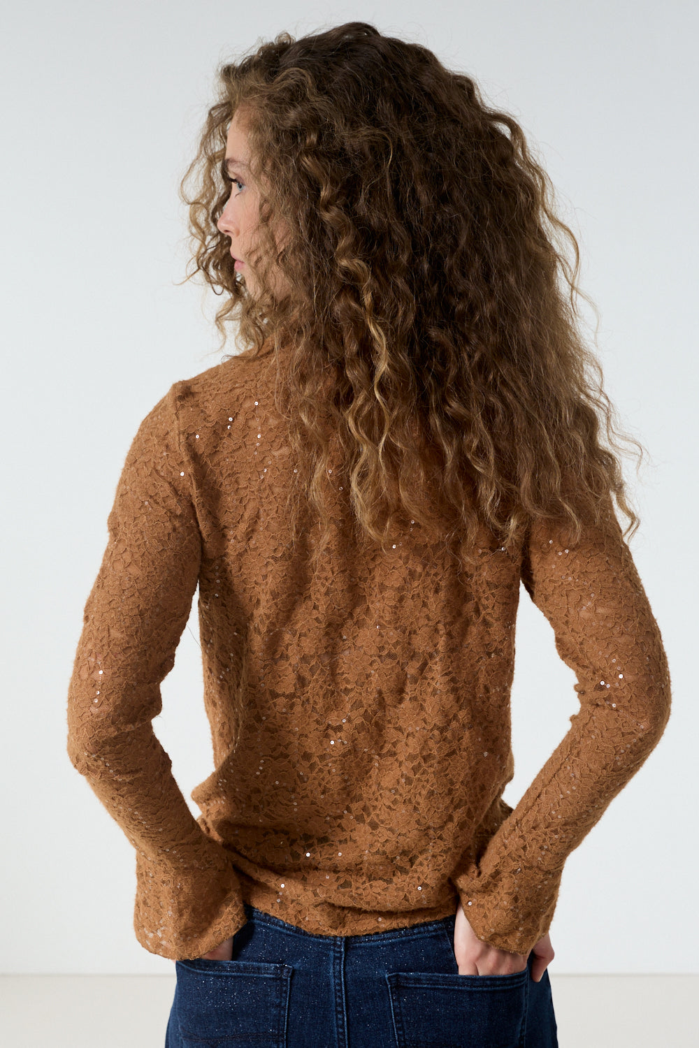 Tramontana Flared-Cuff Lace Top Cinnamon