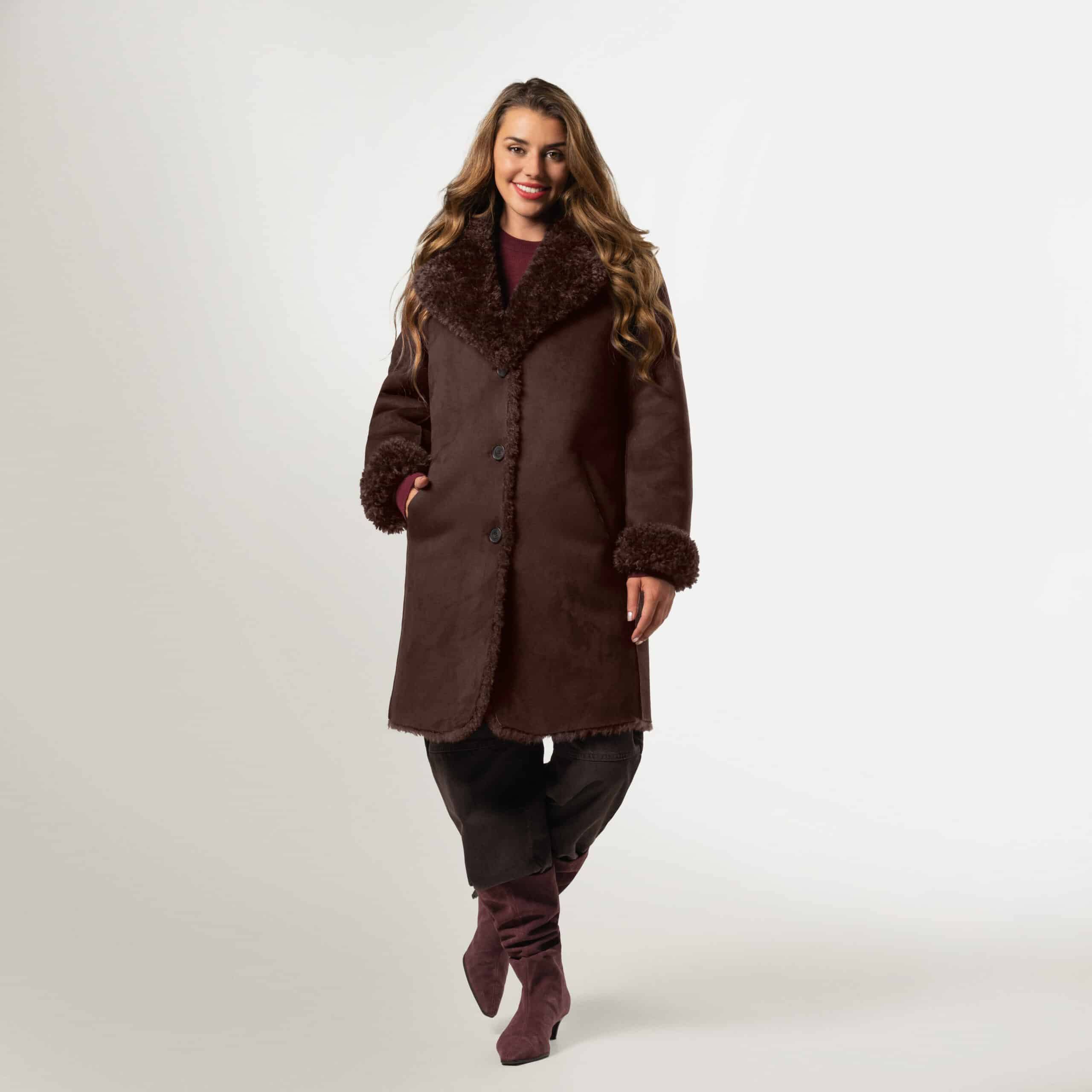 Giacomo Teddy Coat Long Chocolate Plum