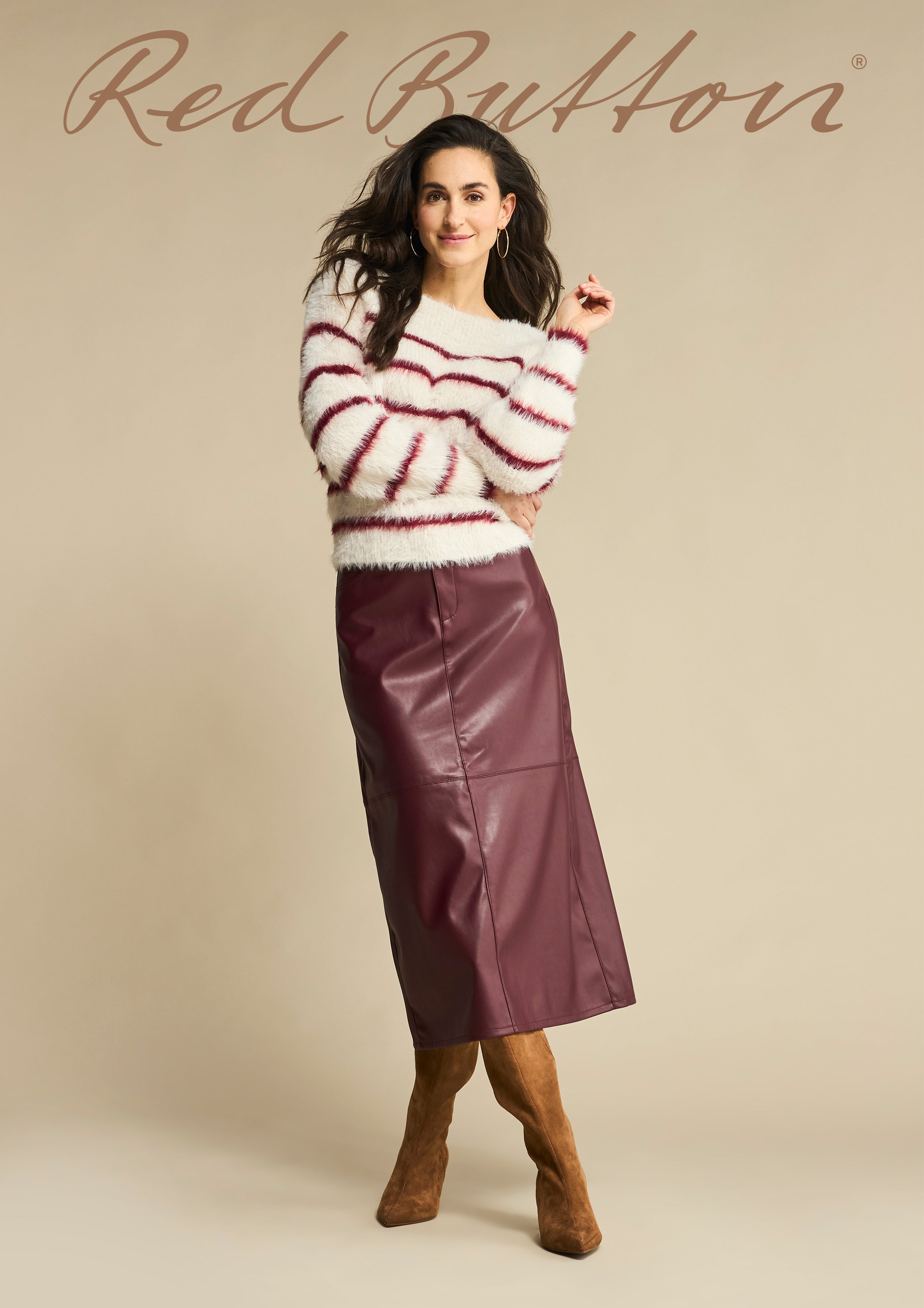 Red Button Sweater Fuzzy Stripe Off White Ruby