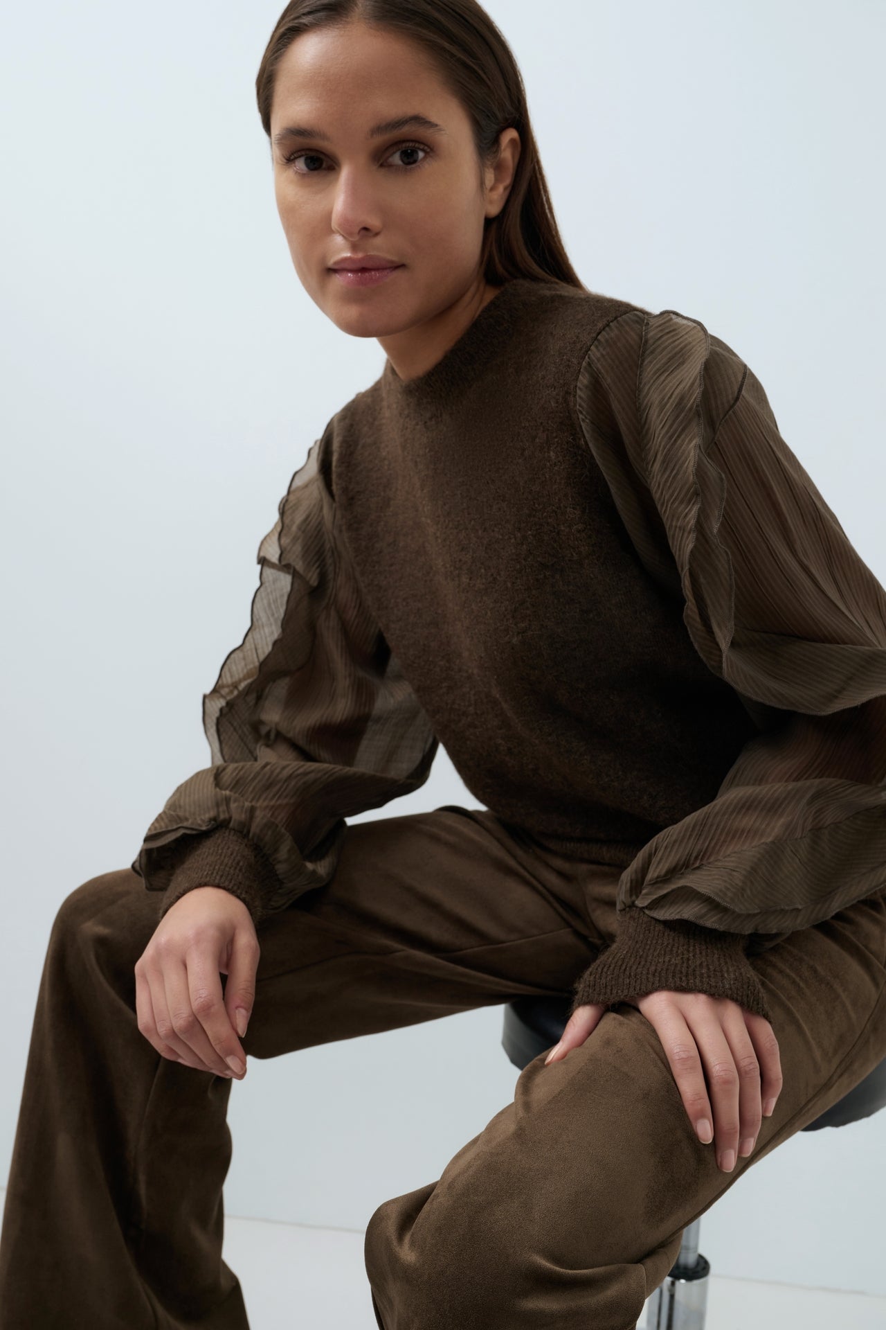 YAYA Trui Met Geweven Mouwen Slate Black/Brown