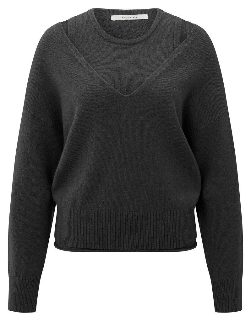 Deep V-neck Sweater Top YAYA Oyster Black Melange