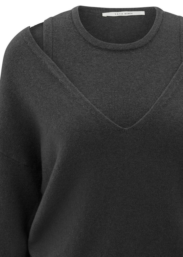 Deep V-neck Sweater Top YAYA Oyster Black Melange