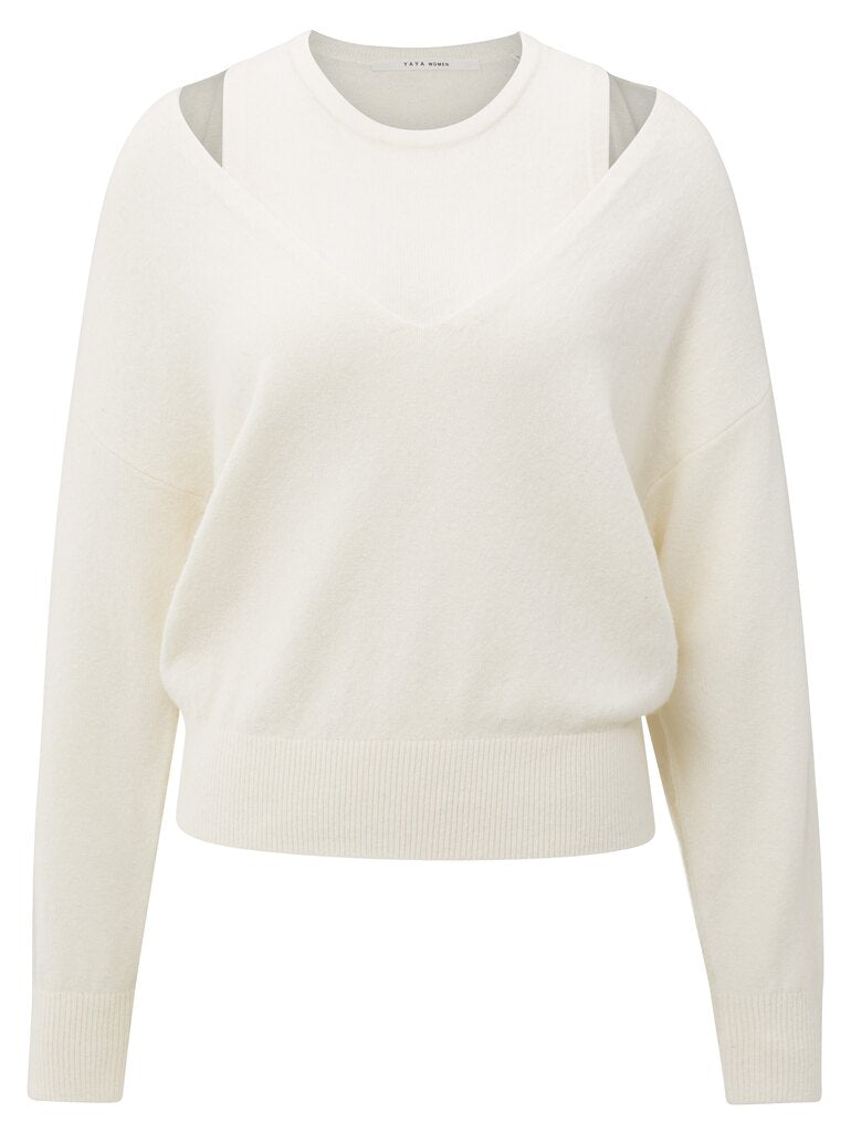 Deep V-neck Sweater Top YAYA off White