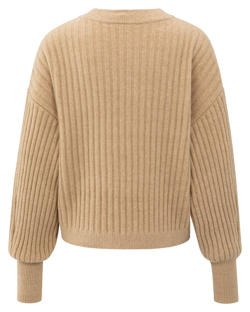 YAYA Trui Rib Ronde Hals Camel