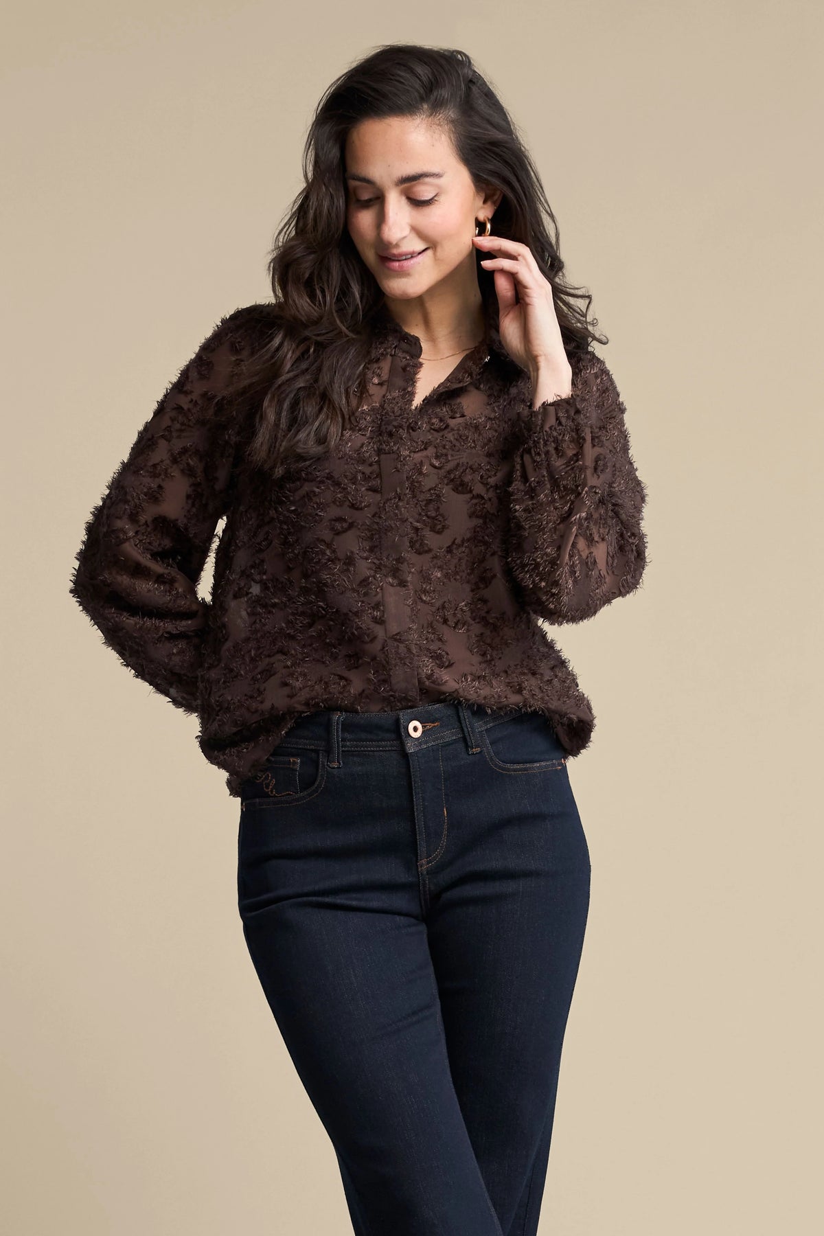 Red Button Blouse Fringe Brown