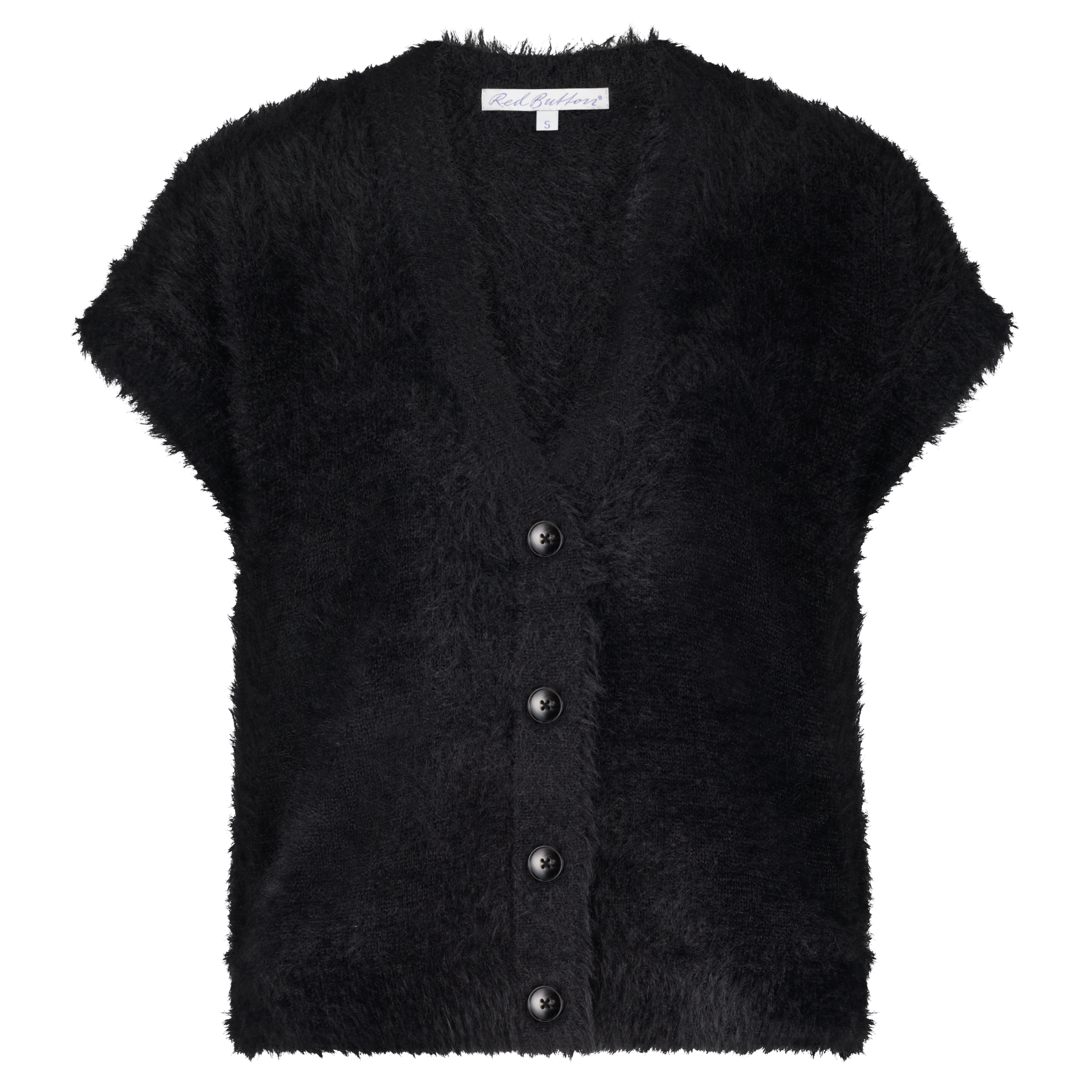 Sleeveless Fuzzy Vest Red Button Black