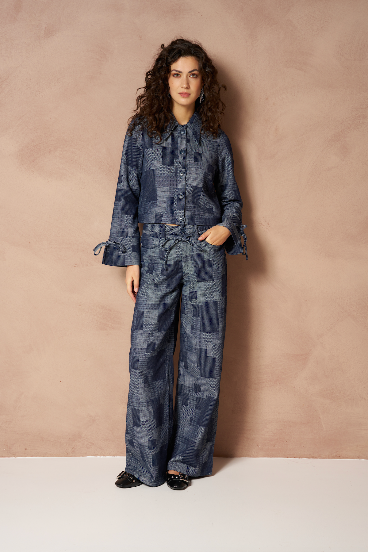 Lofty manner Blouse Ilja Patchwork Straight Mid Blue