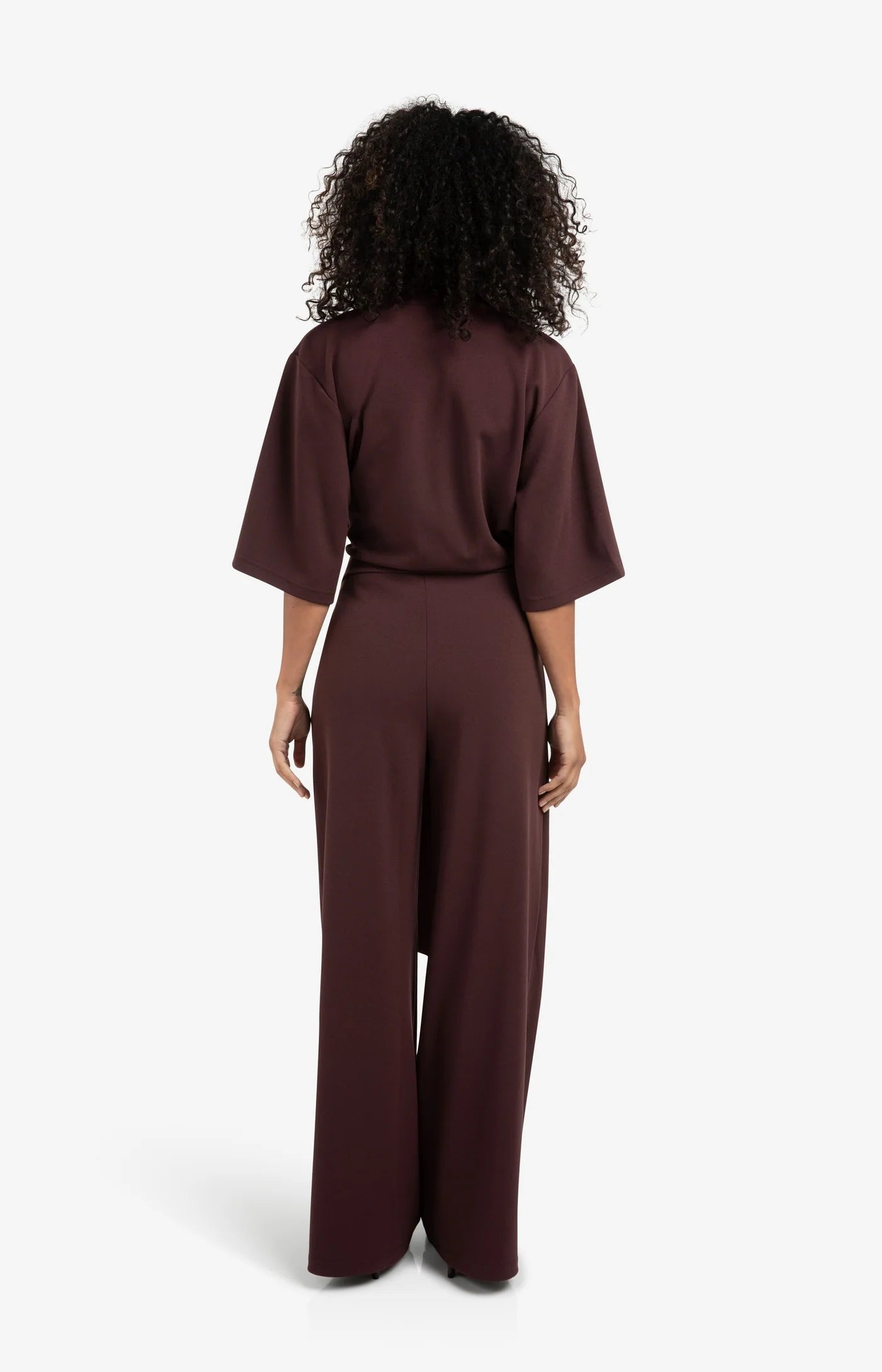 YAYA Jersey Jumpsuit Met Korte Mouwen En Strikceintuur Fudge Purple