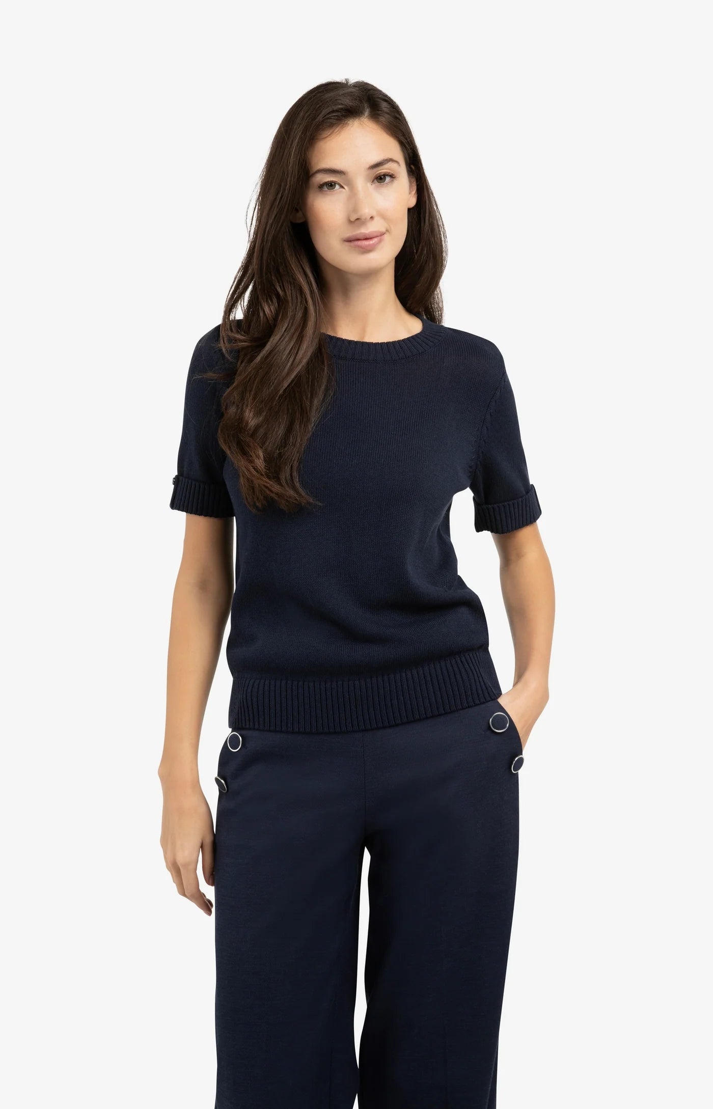 YAYA Gebreide Trui Met Opgerolde Korte Mouwen Navy
