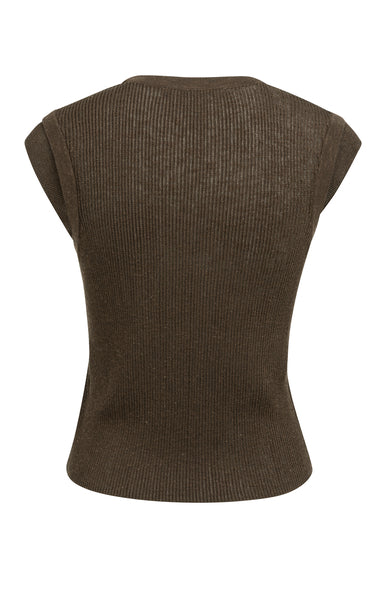 YAYA Ribgebreide Top Met Ronde Hals En Schouderdetail Slate Black Brown