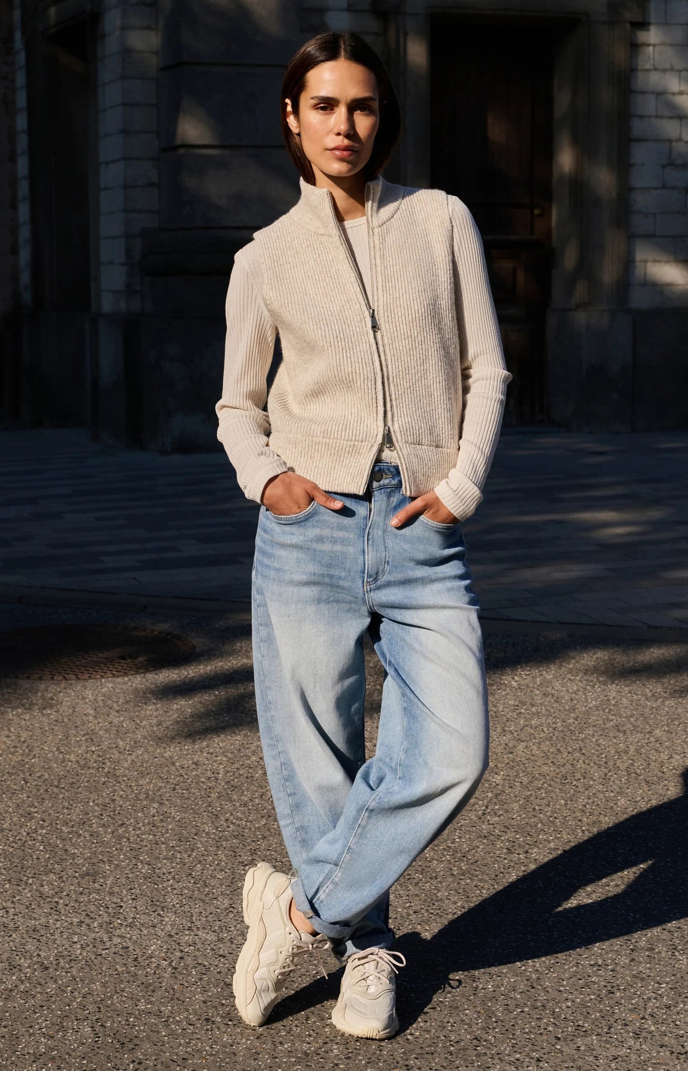 YAYA Gebreid mouwloos vest met hoge kraag en rits Heather Grey Melange