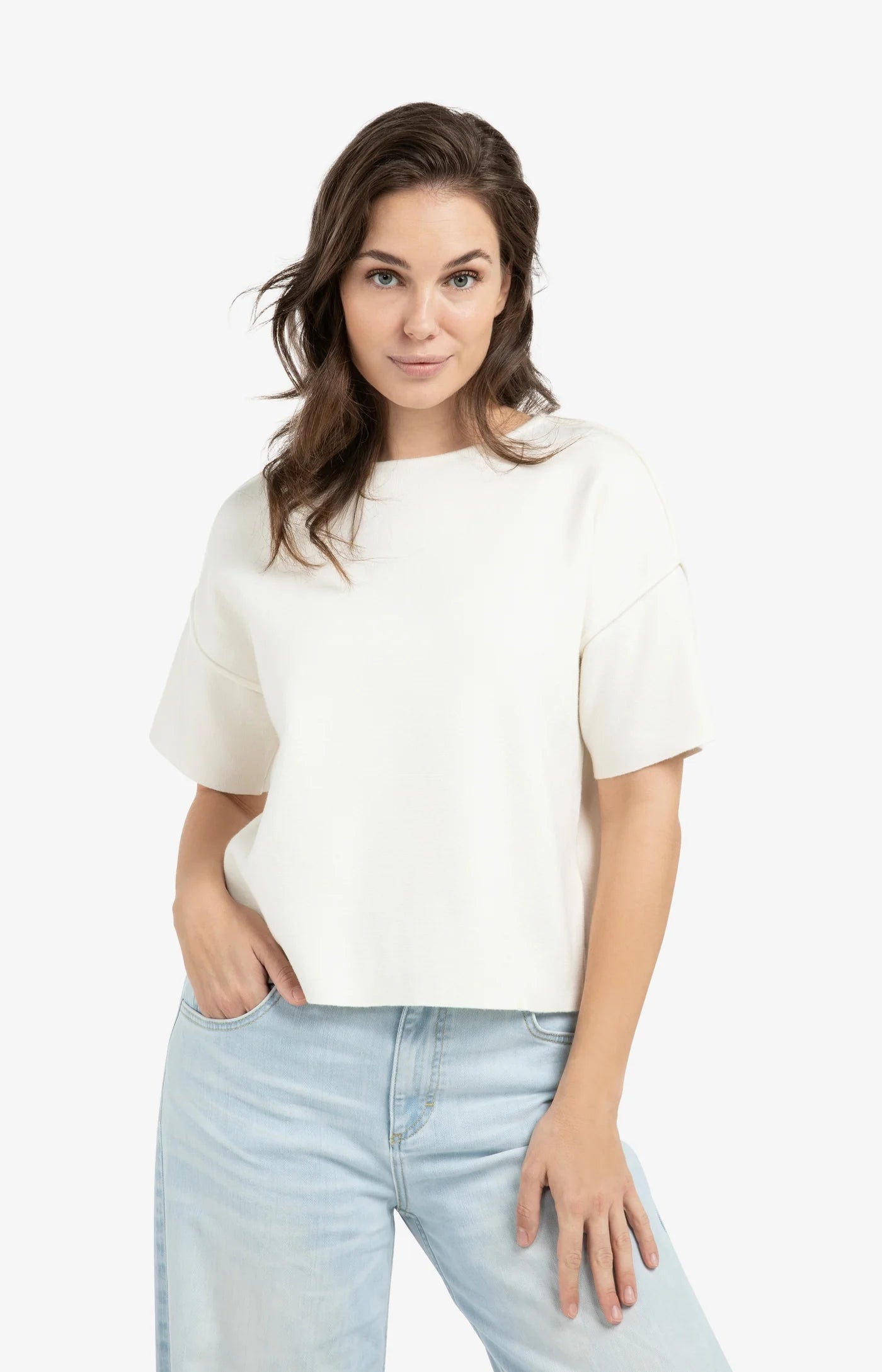 YAYA Sweater Met Korte Mouwen En Naaddetails Ecru