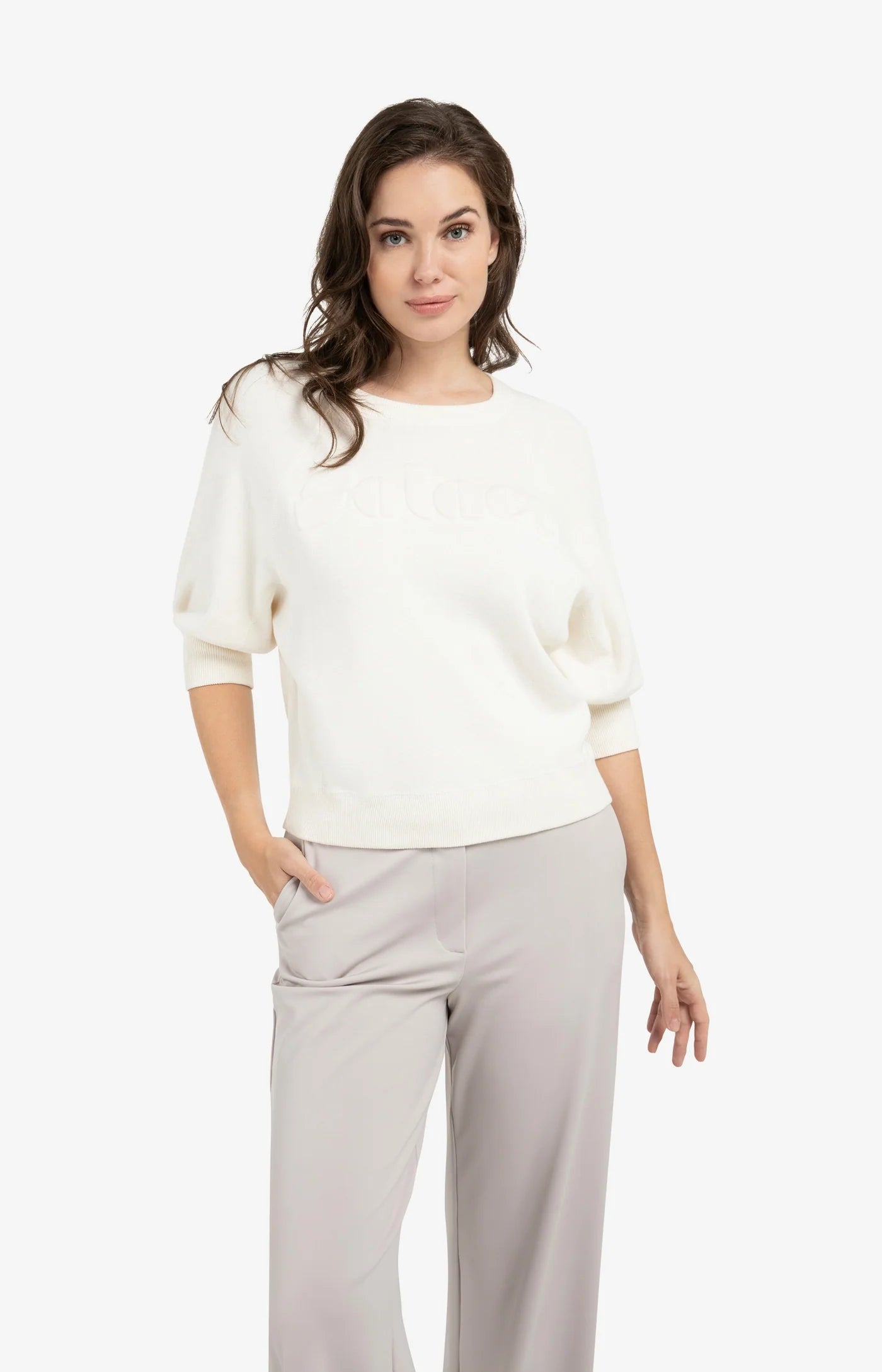 YAYA Sweater Met Raglanmouwen En Geborduurd Artwork Ecru Melange