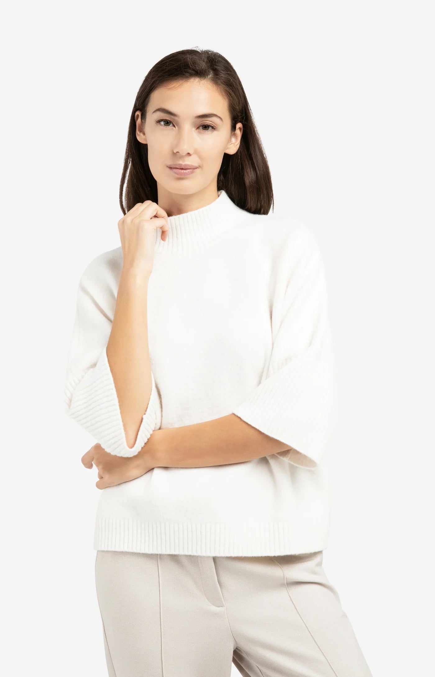 YAYA Trui Met Geribde Driekwart Mouwen En Opstaande Hals Snowfall White Melange