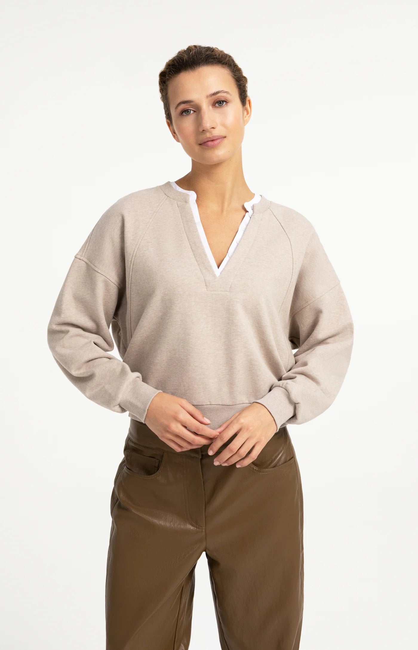 YAYA Sweatshirt Met V-Hals En Geweven Kraag Grey Melange