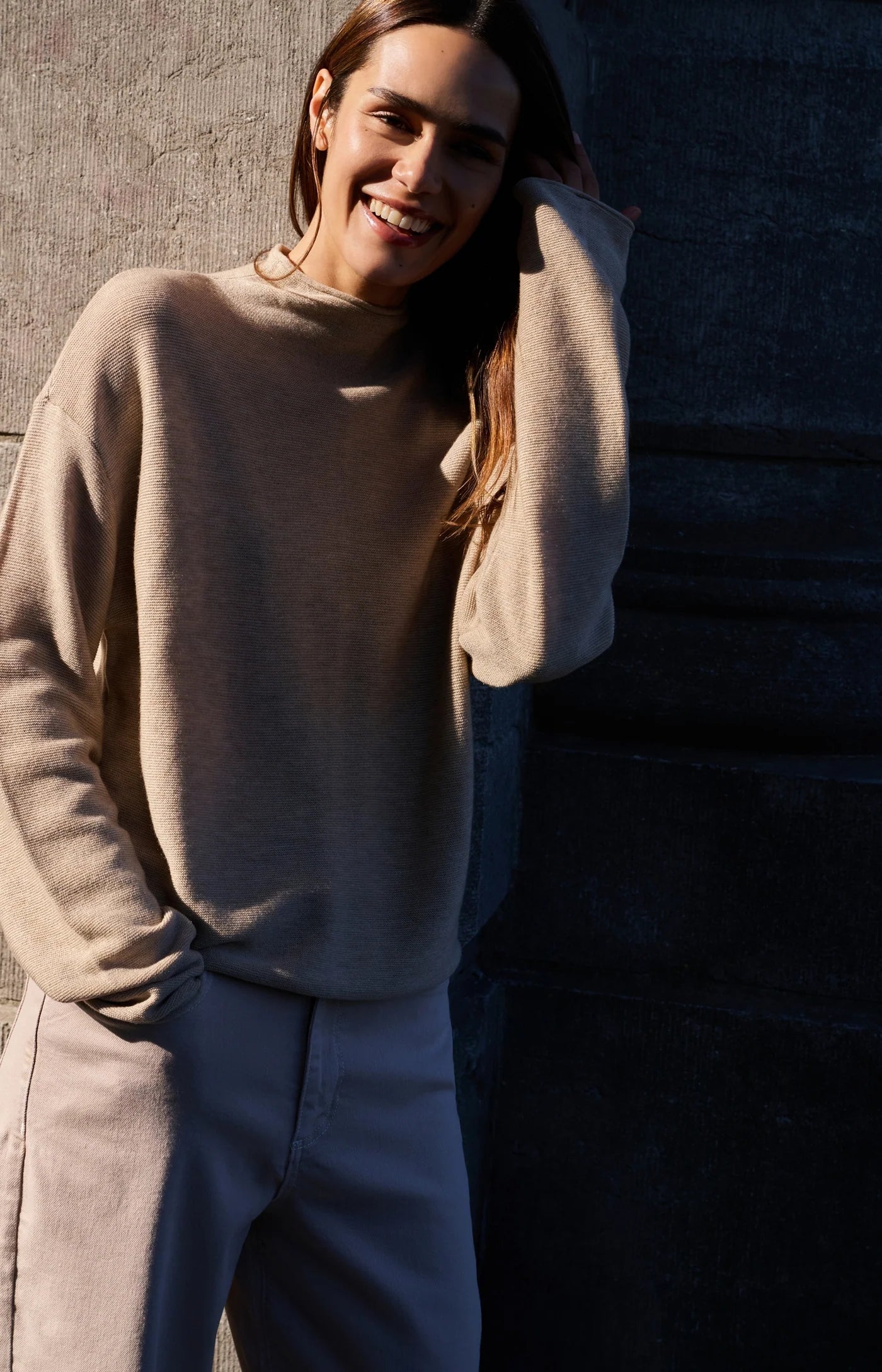 YAYA Gebreide Trui Met Structuur En Knoopsluiting Achter Oxford Tan Brown Melange