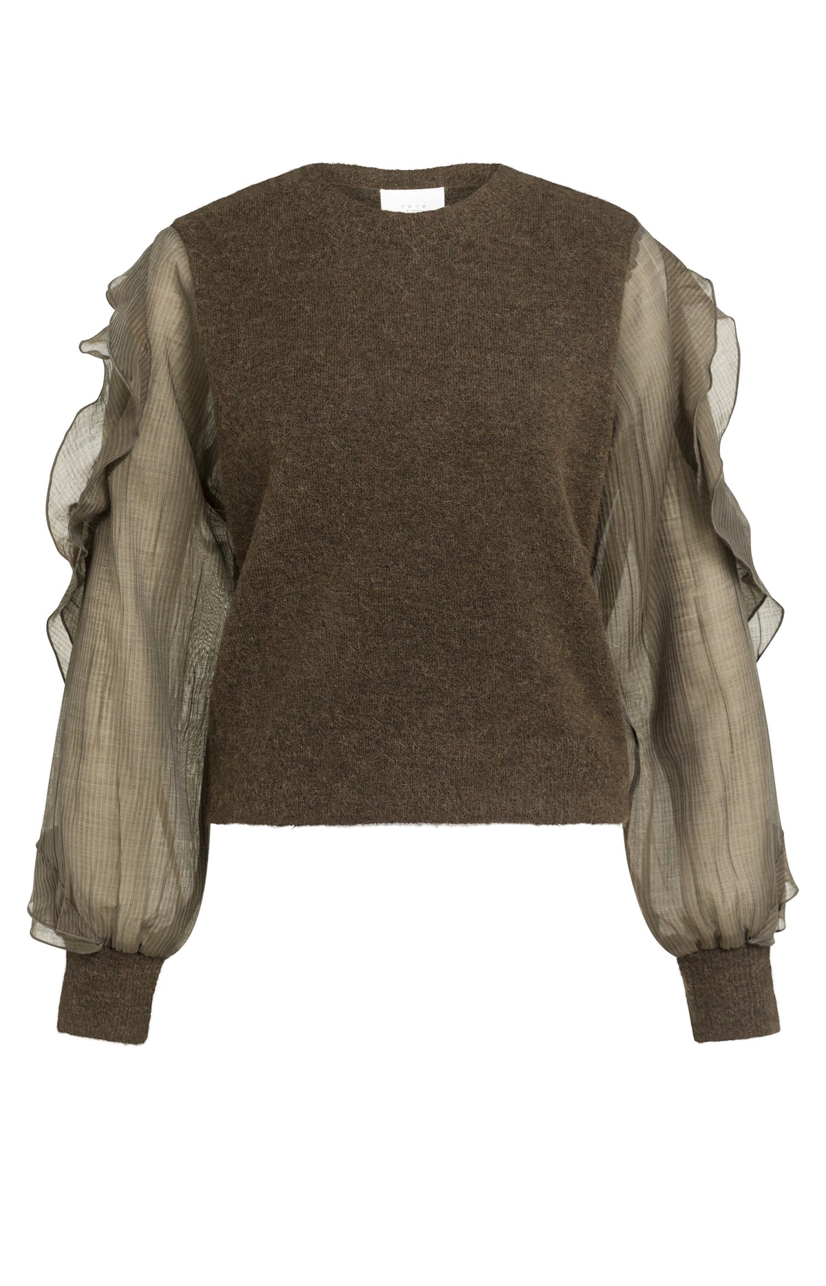 YAYA Trui Met Geweven Mouwen Slate Black/Brown