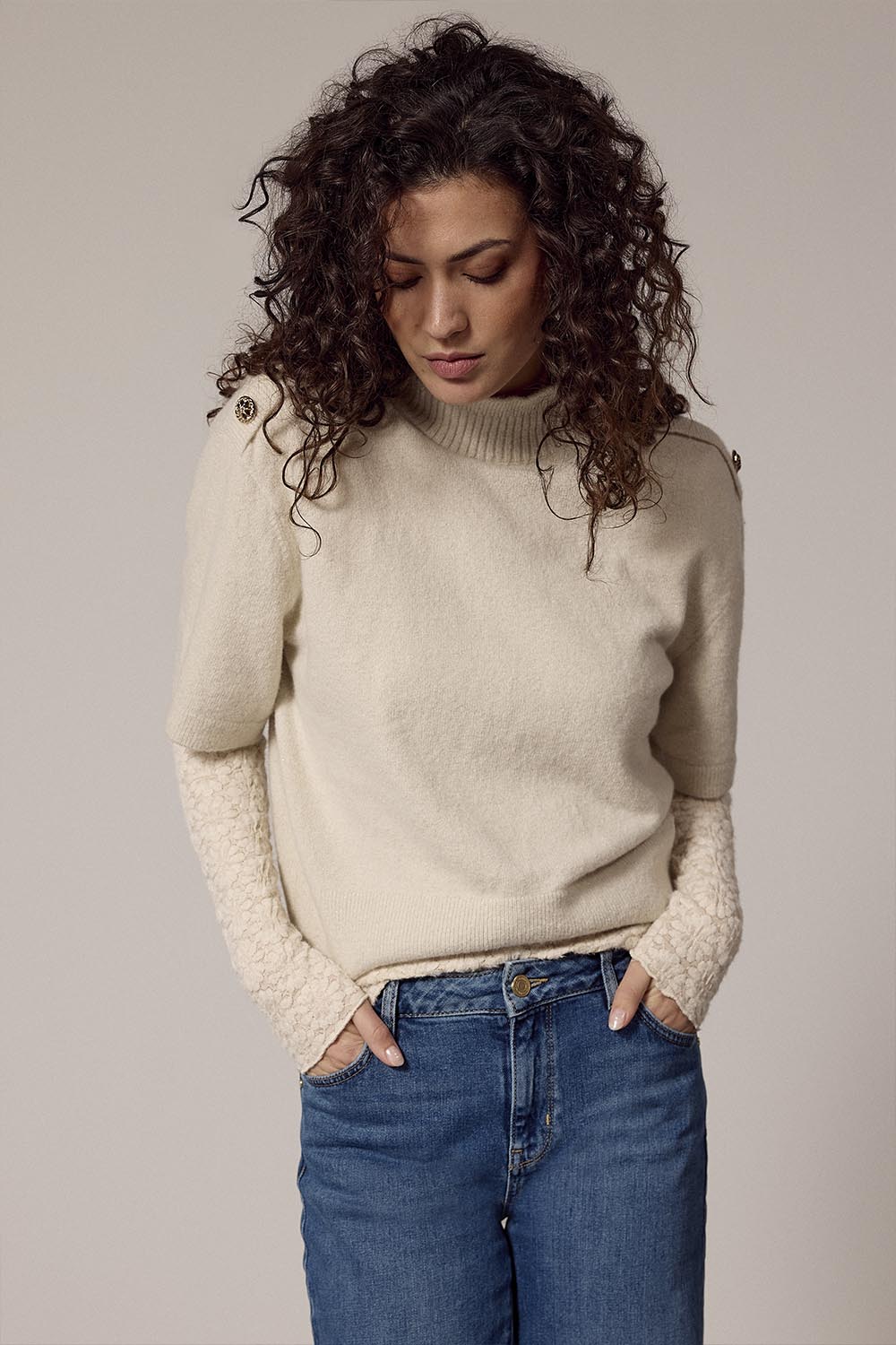 Tramontana Short Sleeve Jumper Button Stone Melange