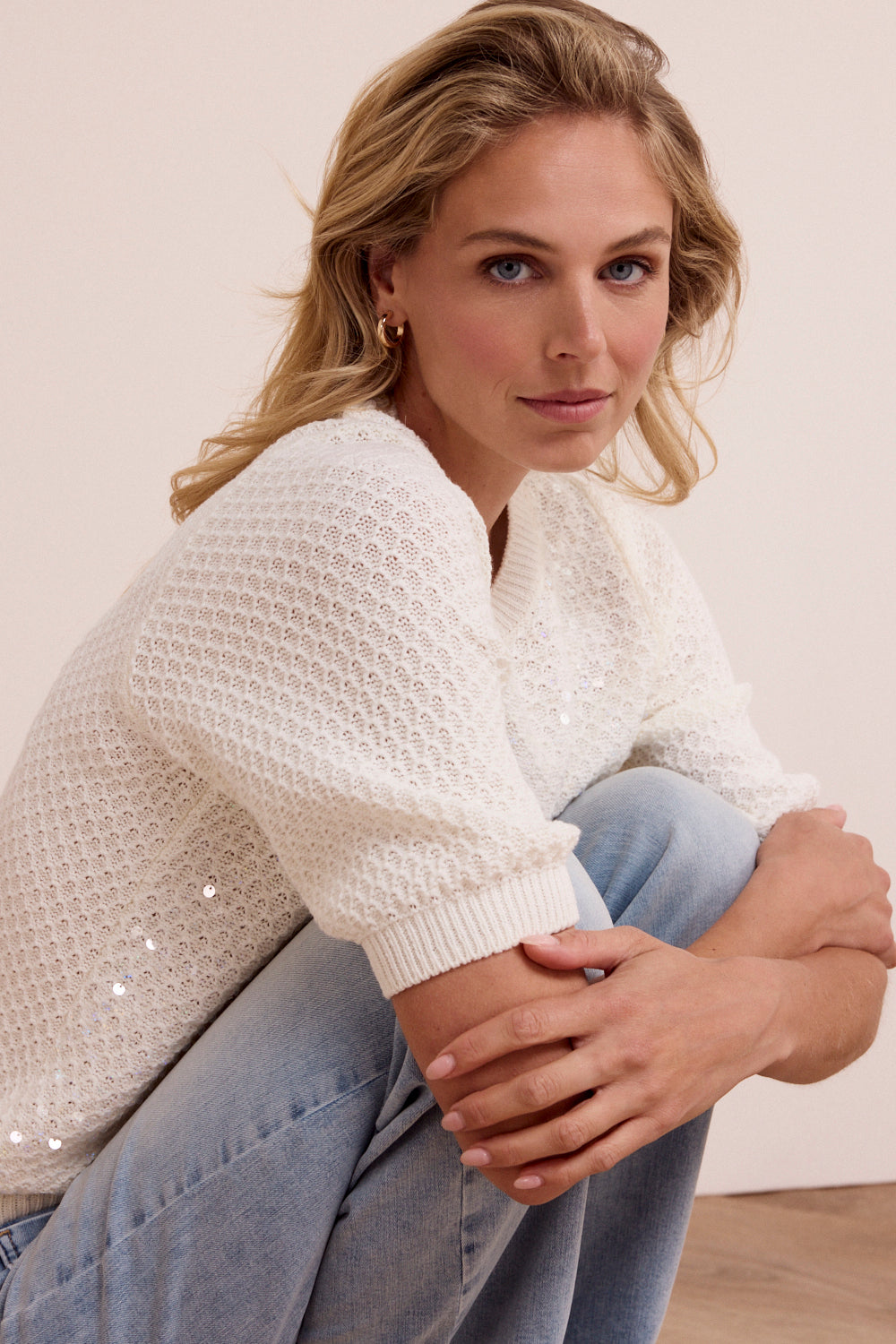 Tramontana Sequin Short-Sleeve Jumper Off White