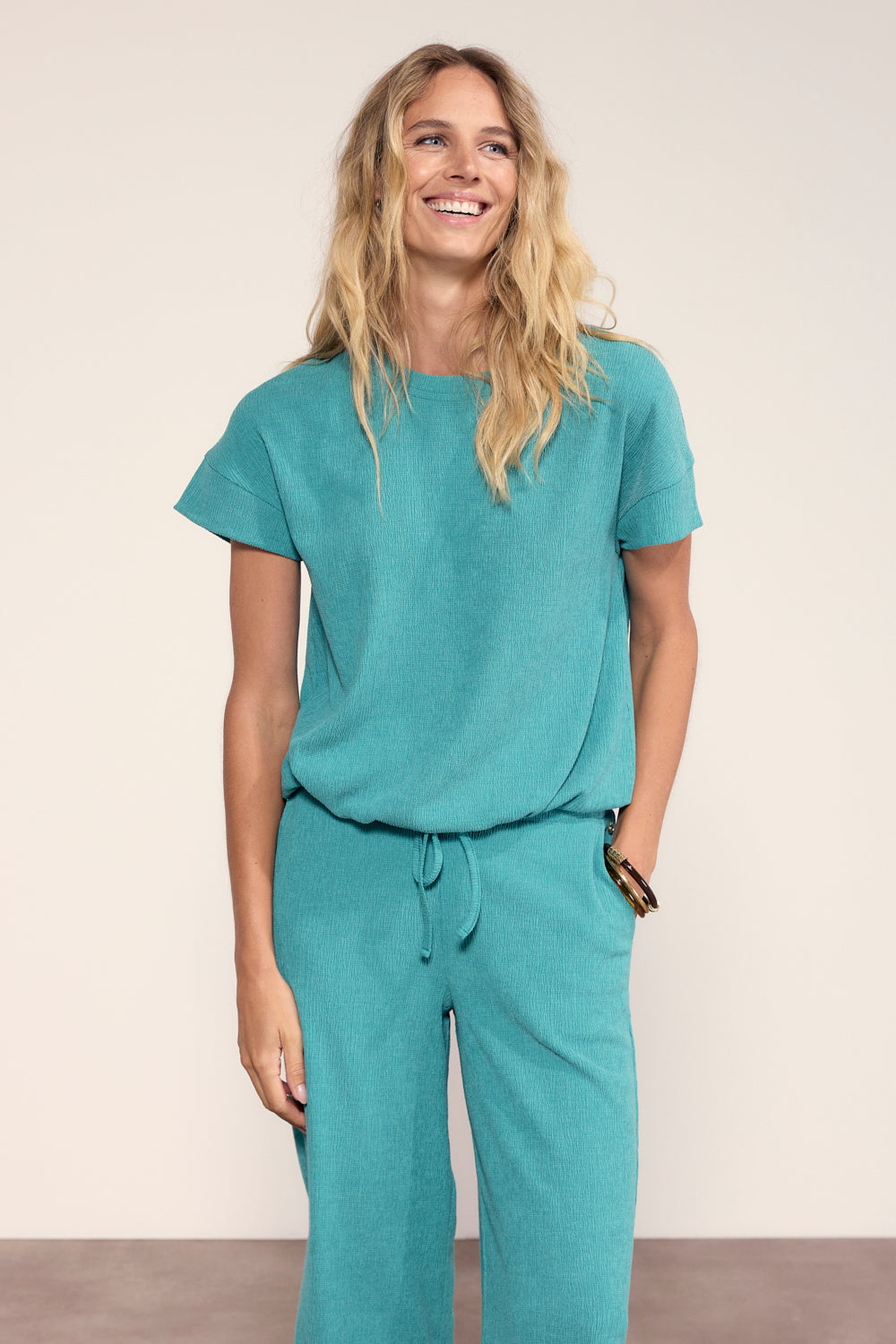 Tramontana Crinkled Short-Sleeve Top Aqua Blue