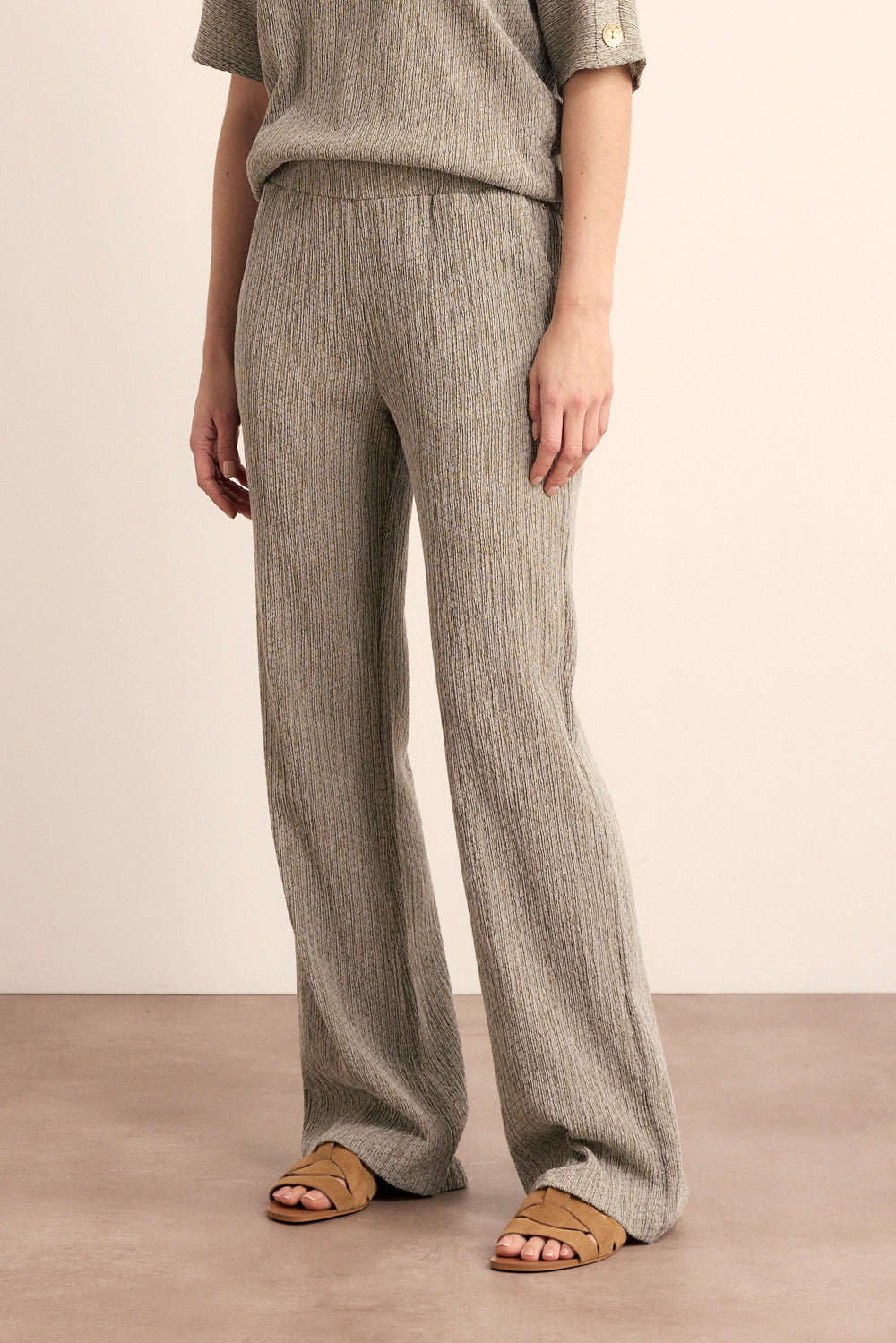 Tramontana Crinkled Wide-Leg Trousers Aloe Melange