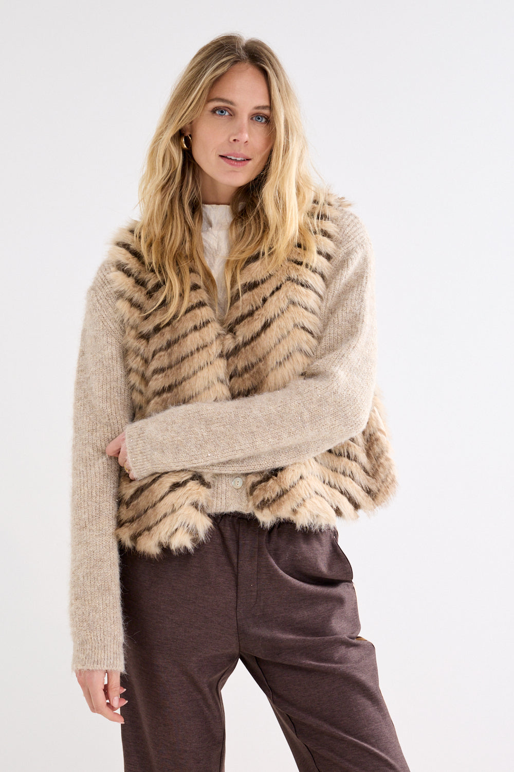 Tramontana Patterned Faux Fur Waistcoat Winter Gold