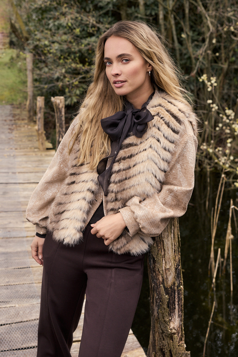 Tramontana Patterned Faux Fur Waistcoat Winter Gold