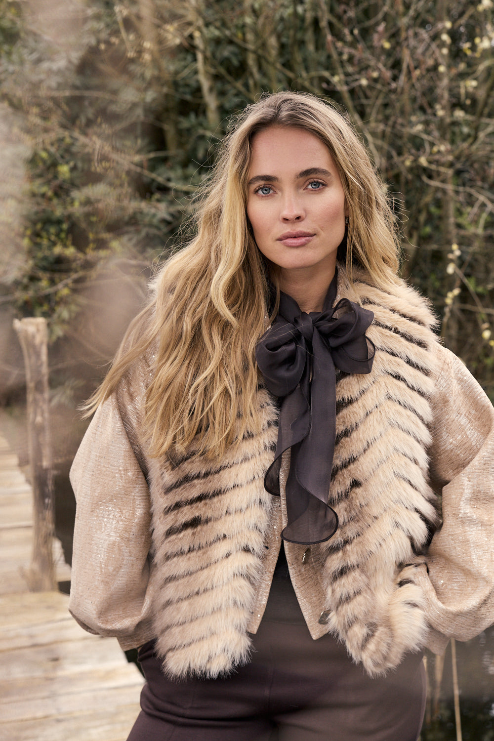 Tramontana Patterned Faux Fur Waistcoat Winter Gold