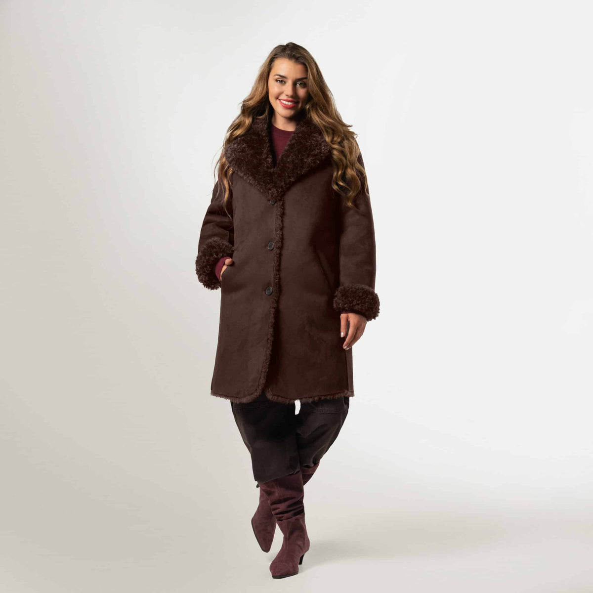 Giacomo Teddy Coat Long Chocolate Plum