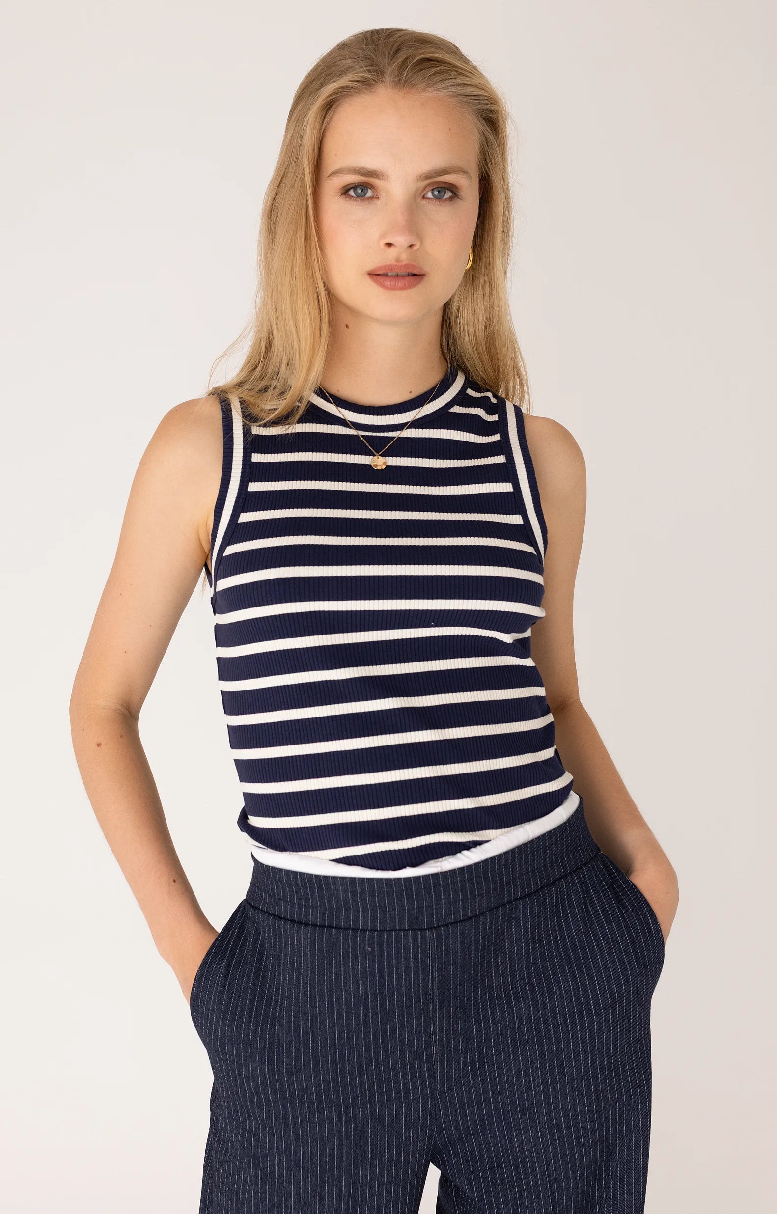 Anna Blue Top Ribby Navy Blue Stripe