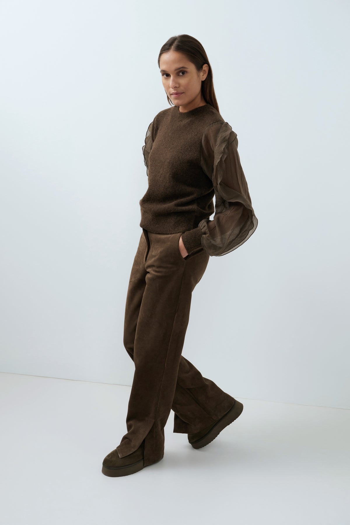 YAYA Trui Met Geweven Mouwen Slate Black/Brown