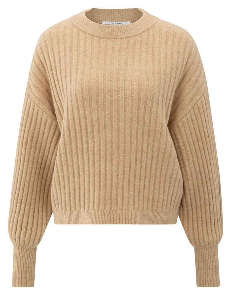 YAYA Trui Rib Ronde Hals Camel