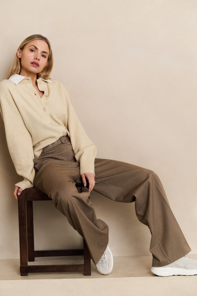 Woven Wide Leg Trousers Belt YAYA Sand