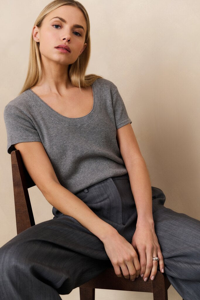 Geribde Top Dubbele Halslijn YAYA Medium Grey Melange