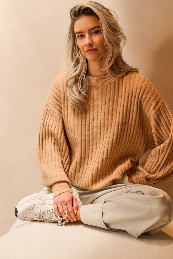 YAYA Trui Rib Ronde Hals Camel