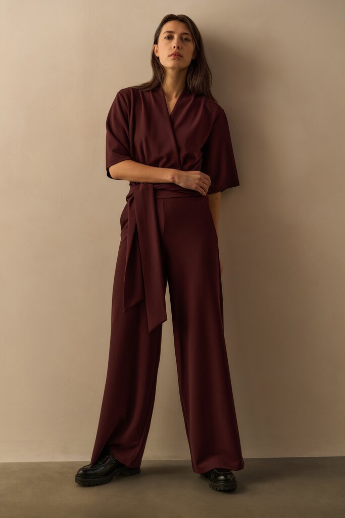 YAYA Jersey Jumpsuit Met Korte Mouwen En Strikceintuur Fudge Purple