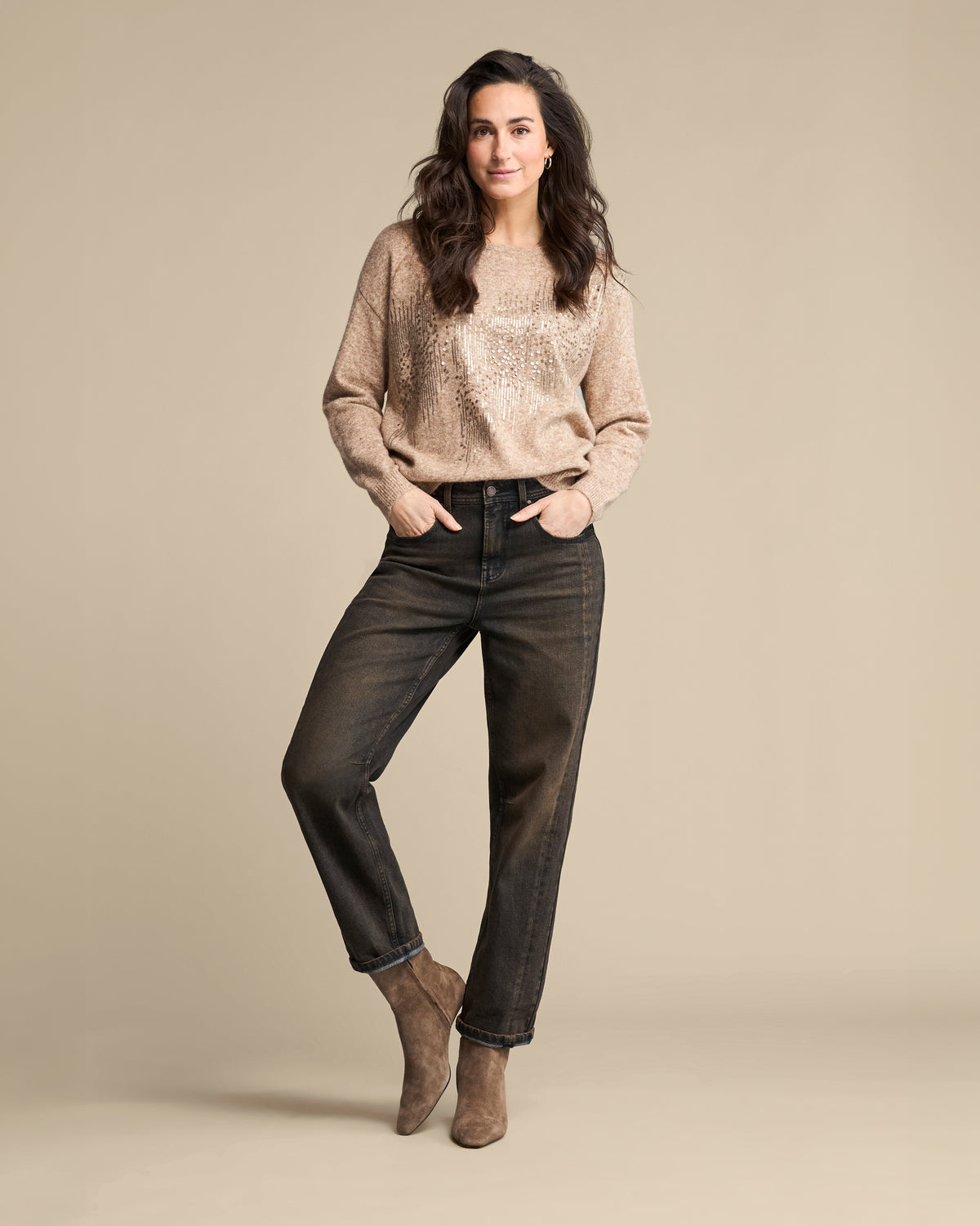 Red Button Caitlina Side Patch Denim Overdye Brown Black