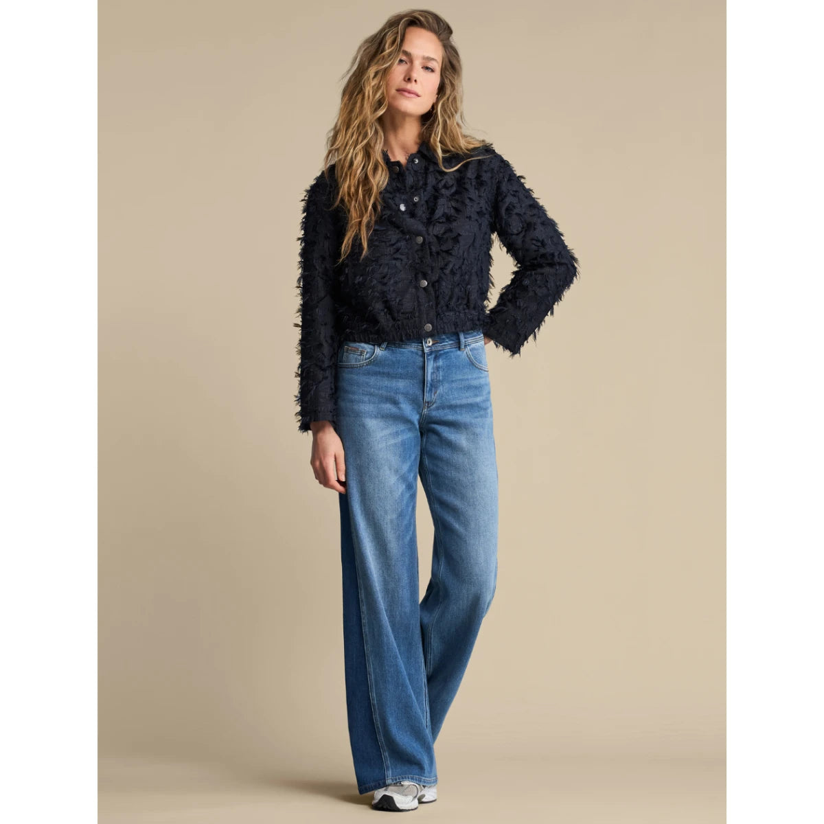 Red Button Bomber Jacket Fringe Navy