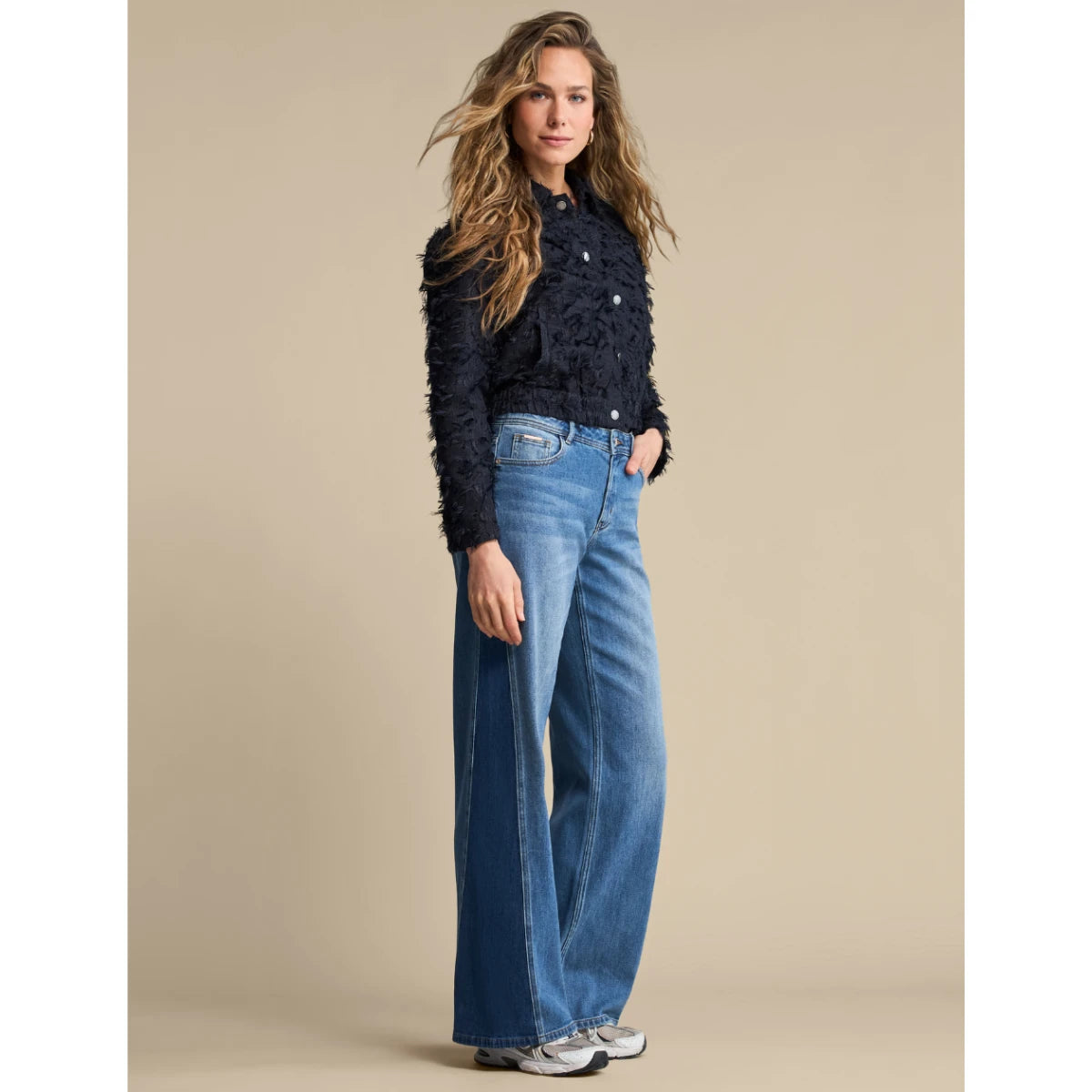 Red Button Bomber Jacket Fringe Navy