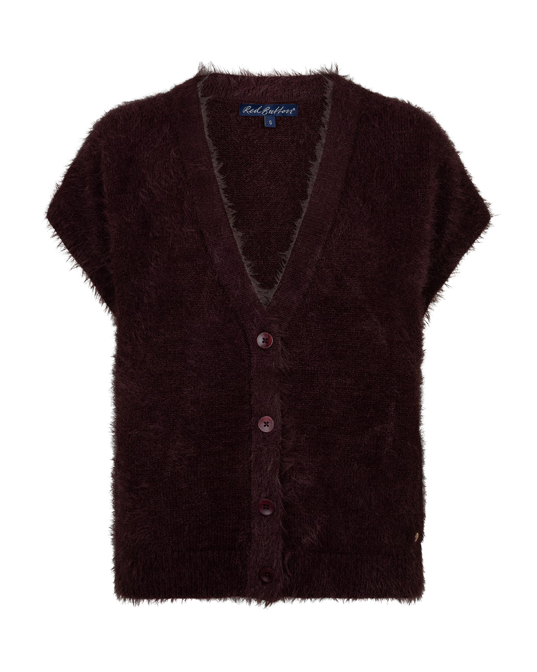 Red Button Sleeveless Sweater Fuzzy Burgundy