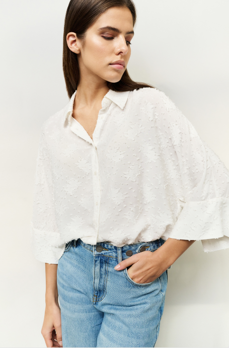 Korte Luchtige Blouse Ingeweven Details YAYA Pure White