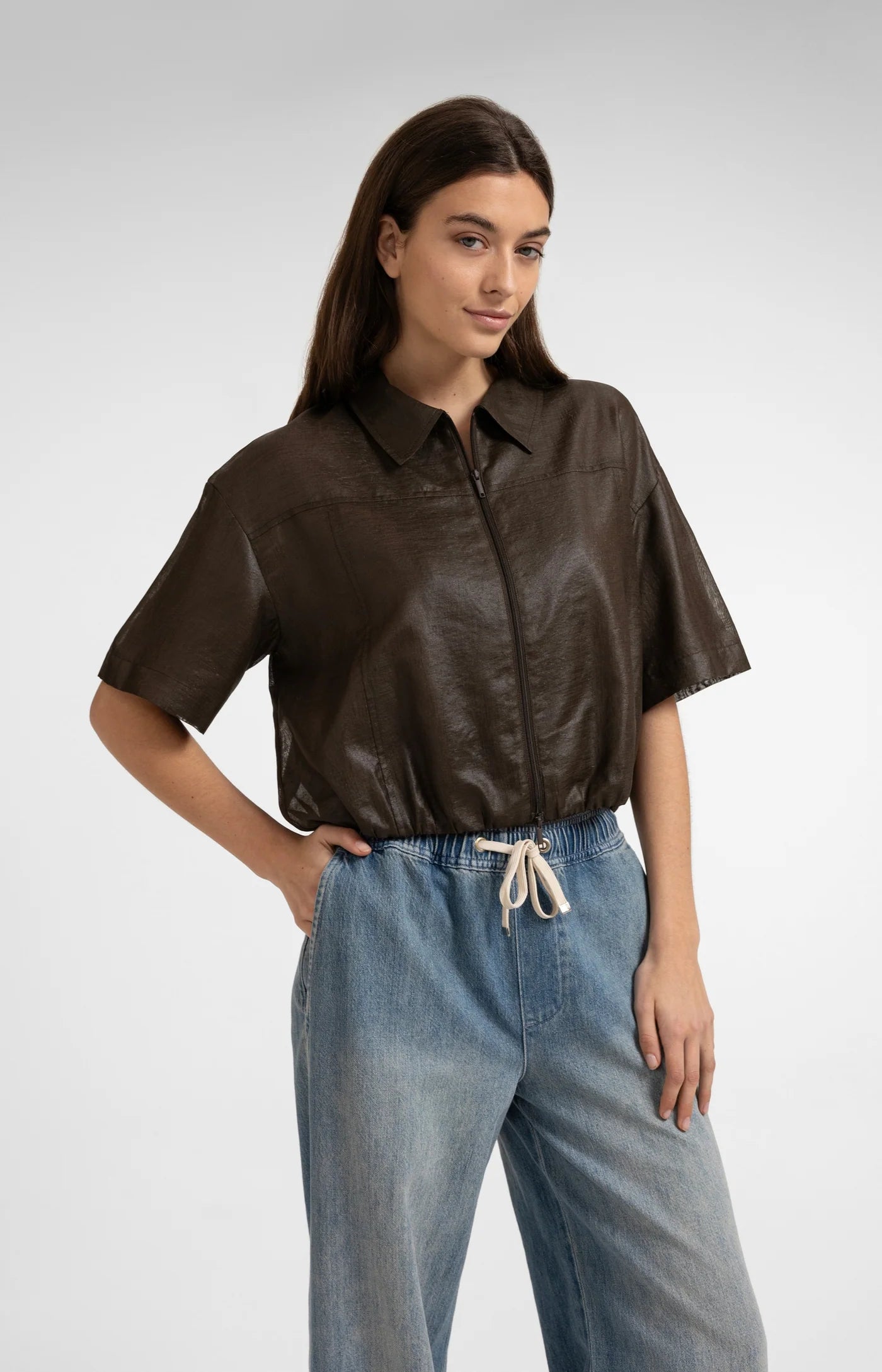 Yaya Blousejack Glanzende Finish Delicioso Brown
